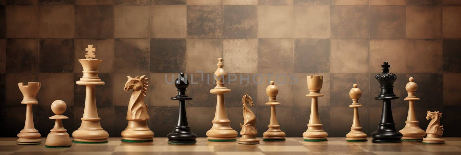 Checkerboard squares with chess pieces for backdrop. Generative AI