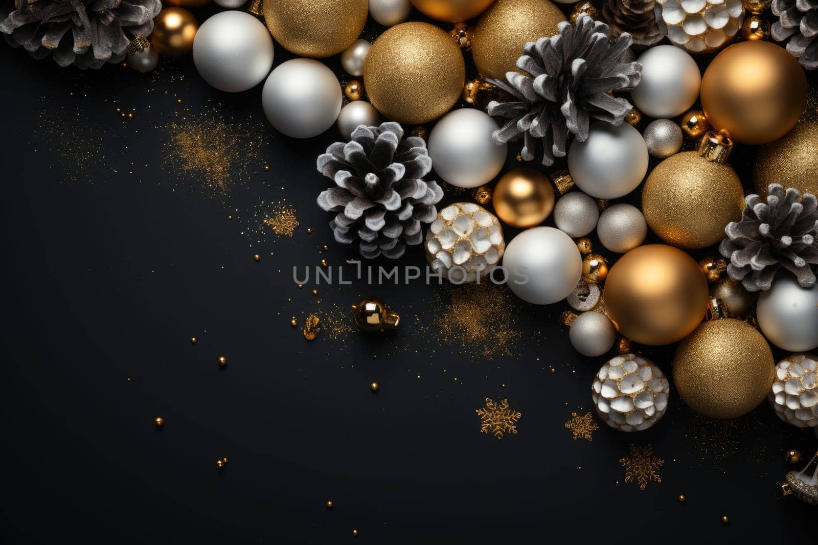 Christmas decoration with pine cones. Christmas background with space for text. Generative AI