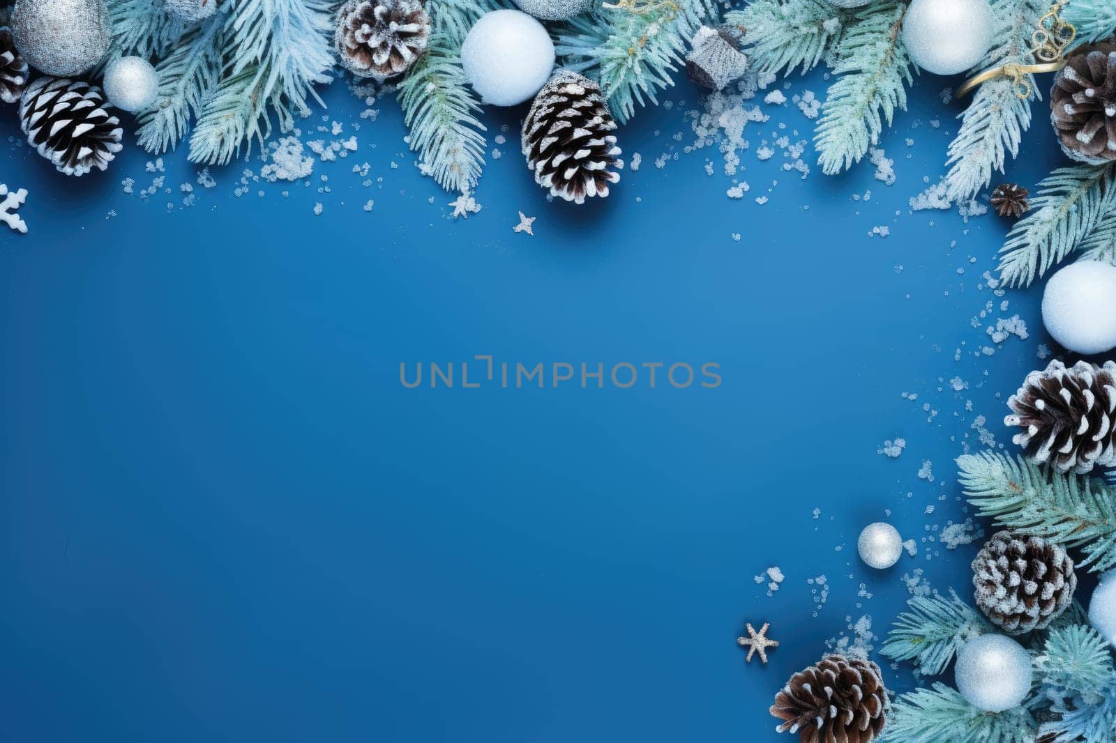 Christmas decoration with pine cones. Christmas background with space for text. Generative AI