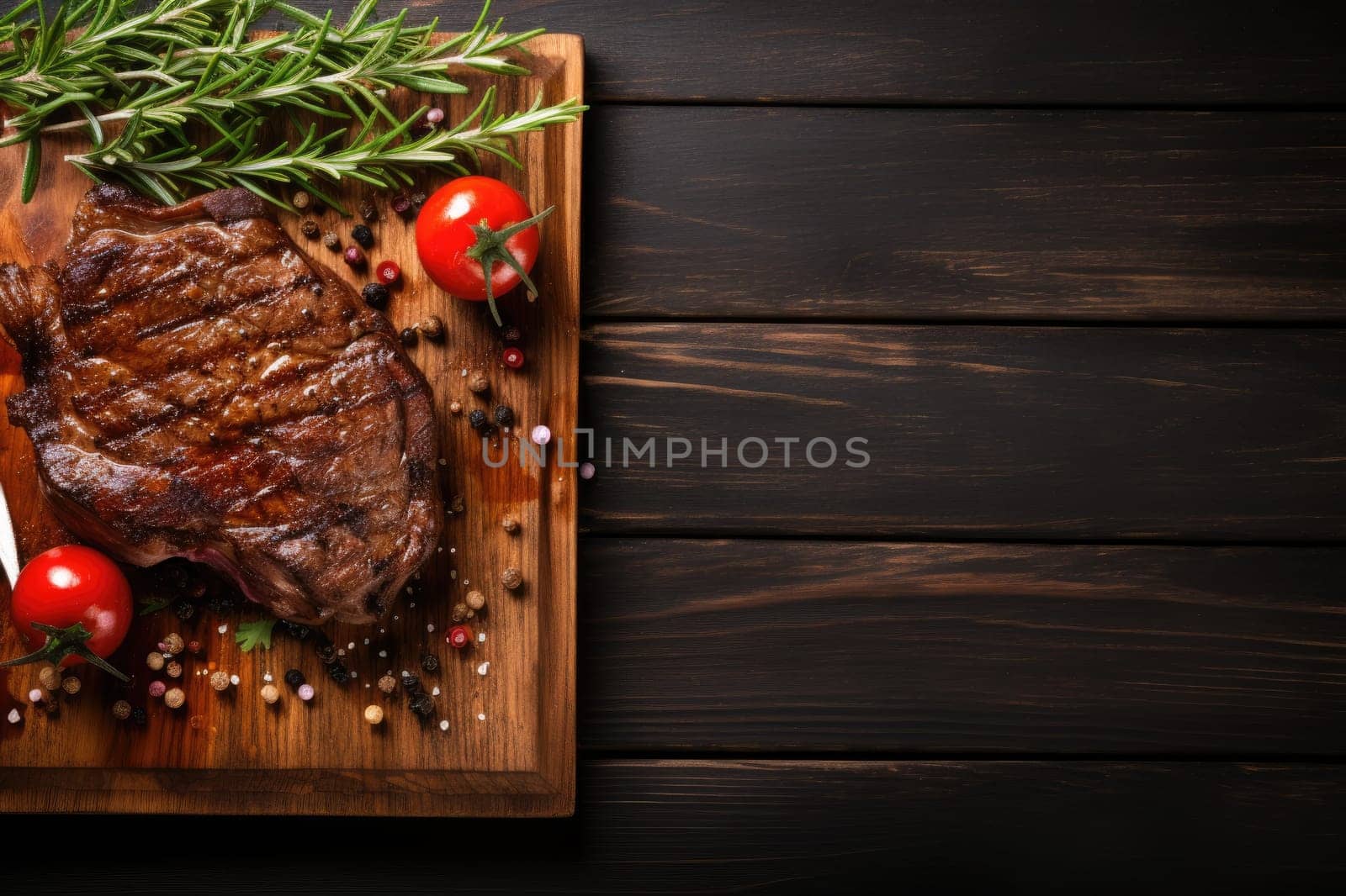 Grilled meat barbecue steak on wooden cutting board with rosemary and copy space. Generative AI