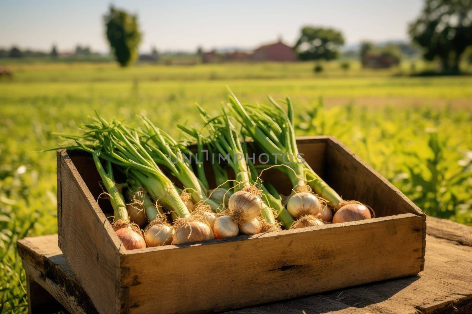 A wooden box full of onions on a green field. Generative AI