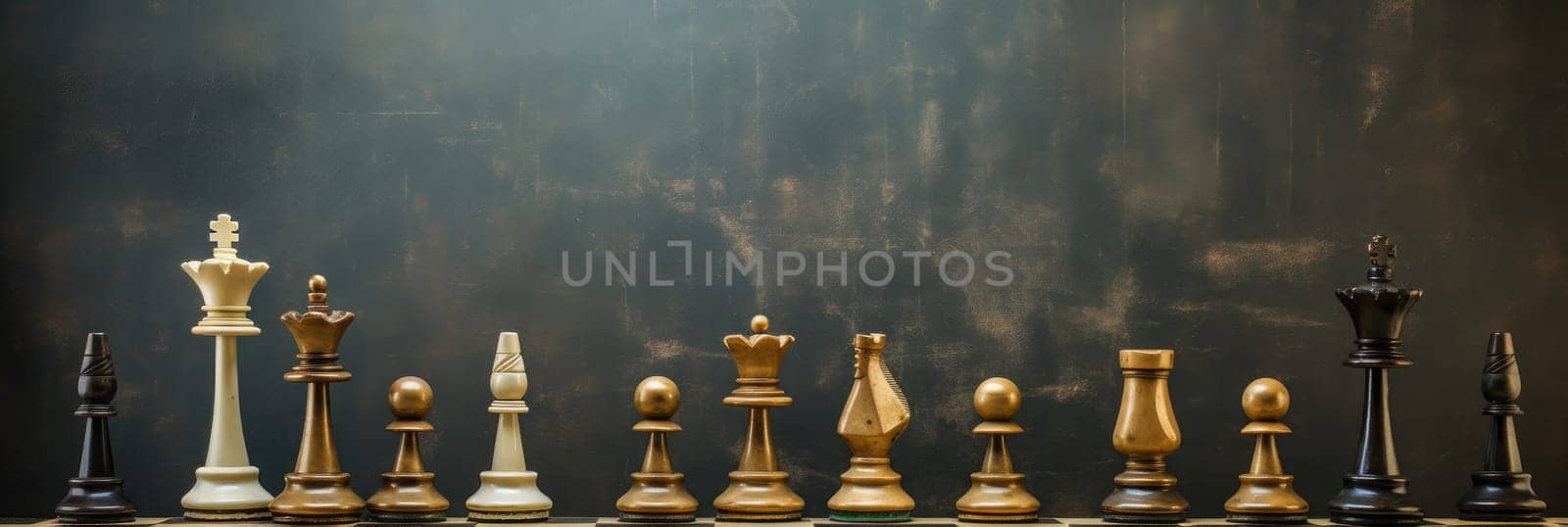 Checkerboard squares with chess pieces for backdrop. Generative AI