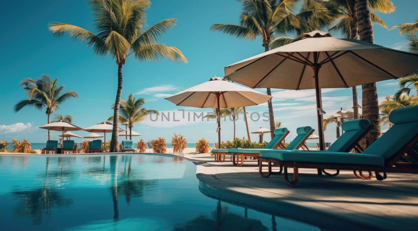 Luxurious swimming pool and loungers umbrellas near beach and sea with palm trees. Generative AI