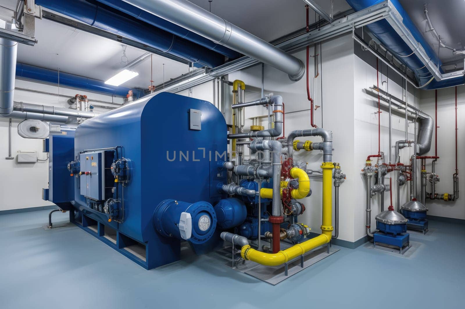 Modern boiler room with gas boilers, industrial heating. Generative AI