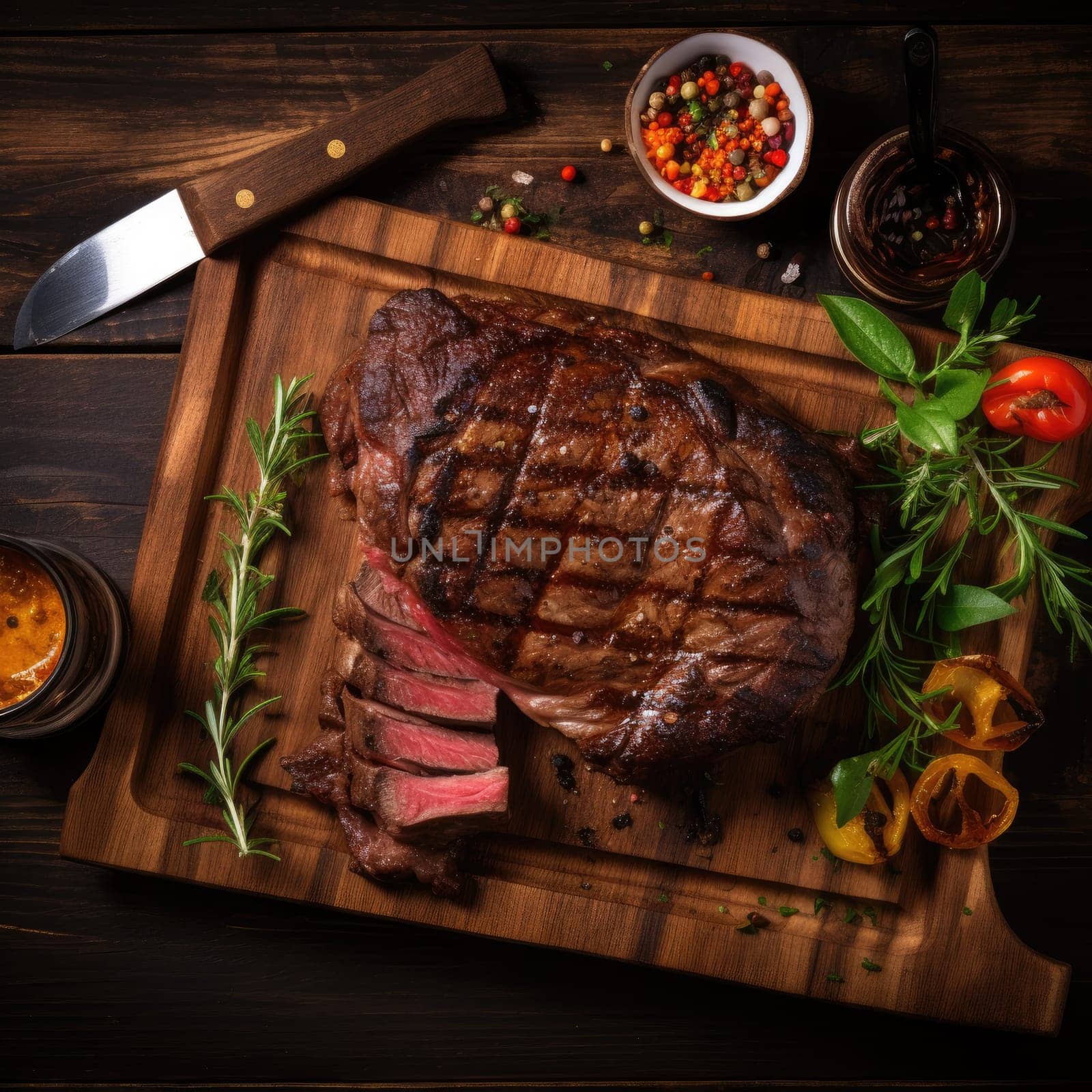 Grilled meat barbecue steak with garlic, salt and pepper on a rustic kitchen wooden cutting board with copy space. Generative AI