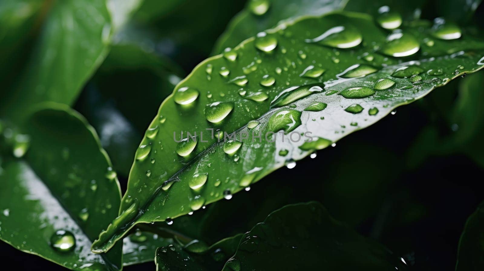 Leaves with waterdrops. Drops of transparent rain water on leaves macro. Generative AI