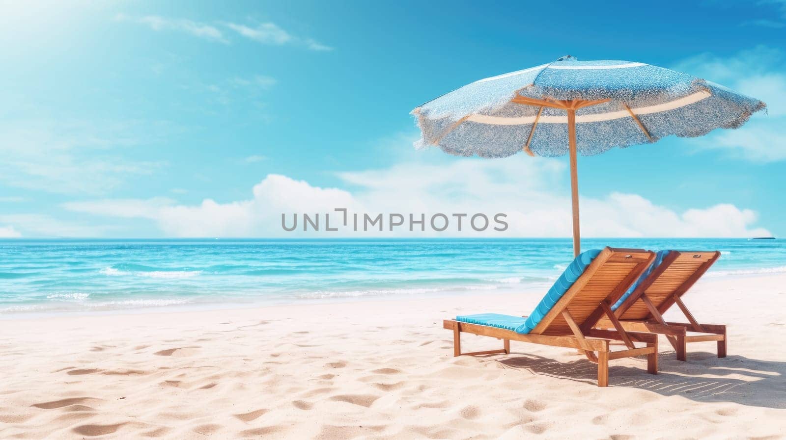Beach chairs and umbrella on a white sandy beach. Generative AI