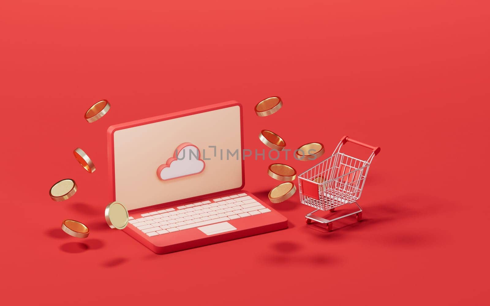 Shopping cart with 3d cartoon style, 3d rendering.