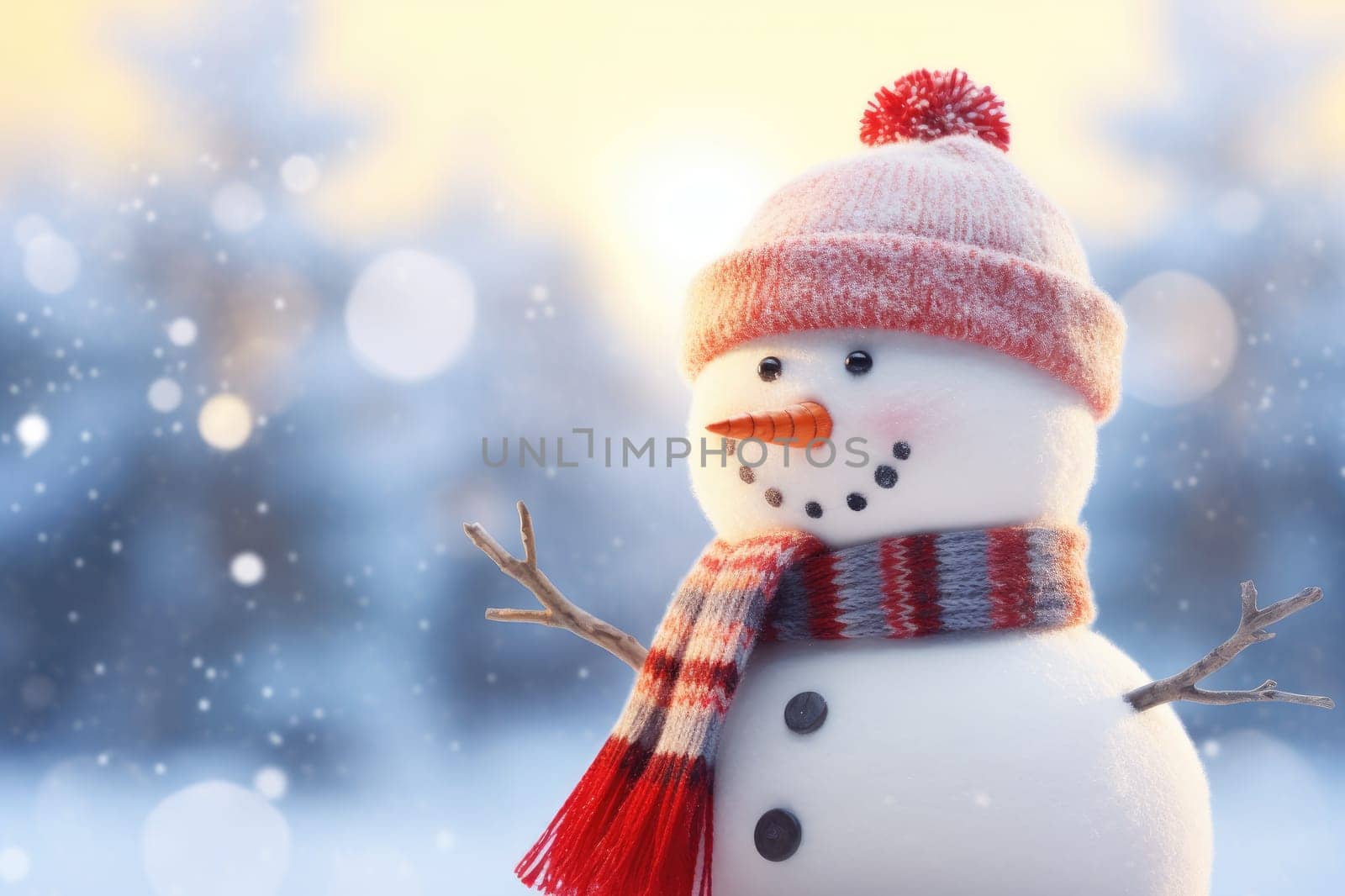 Christmas snowman in a snowy landscape. Generative AI