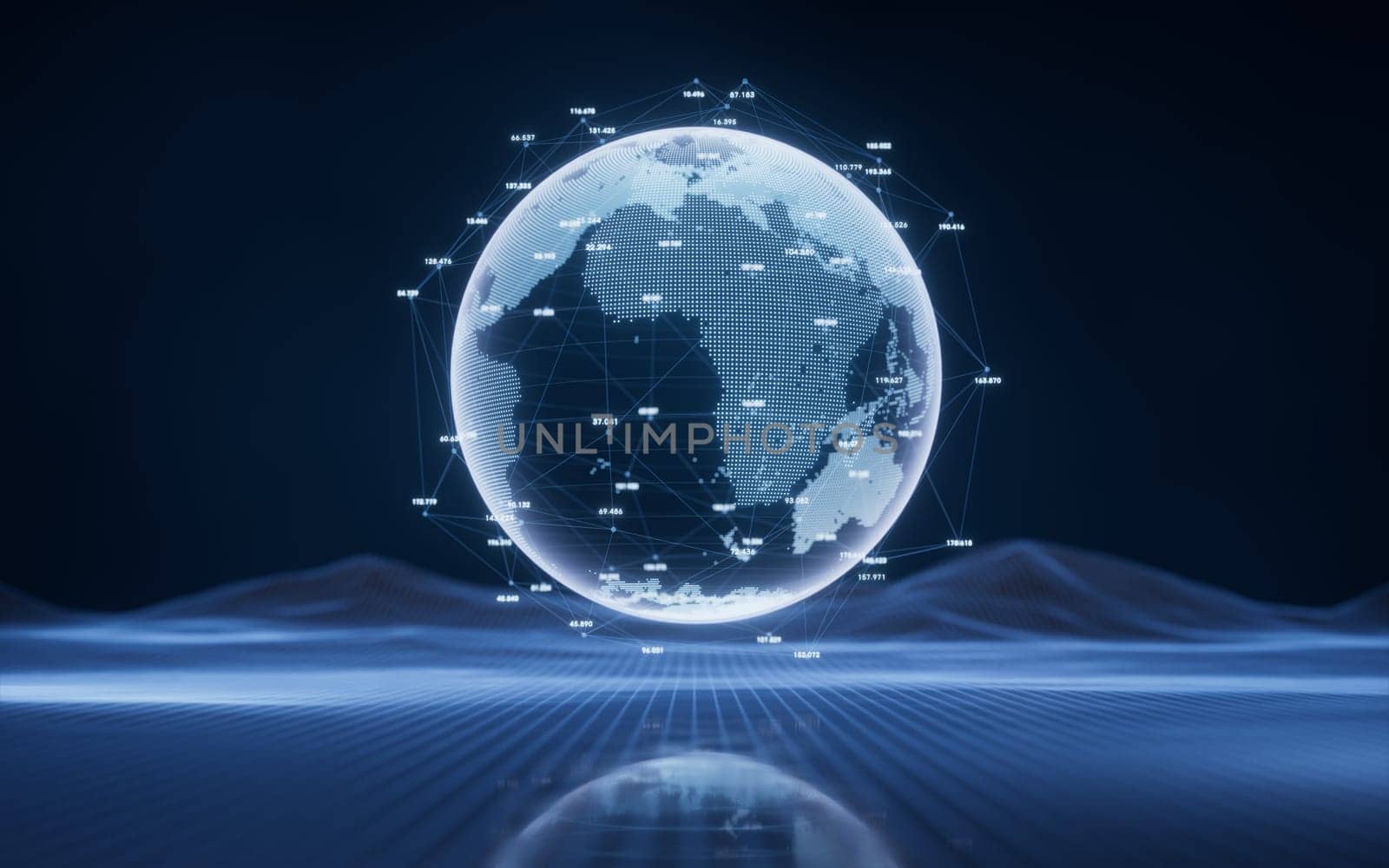 Digital earth sphere with blue technology structure, 3d rendering. Digital drawing.