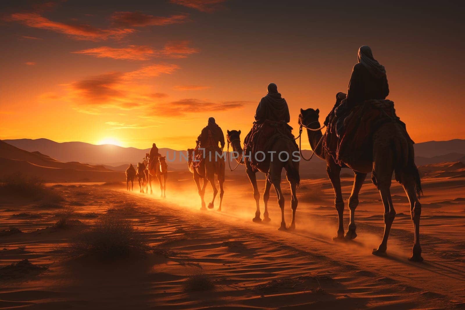 Birth of Jesus Christ in Bethlehem, three kings riding on camels through the desert night , religion and faith of christianity, bibical story of Christmas, generative AI
