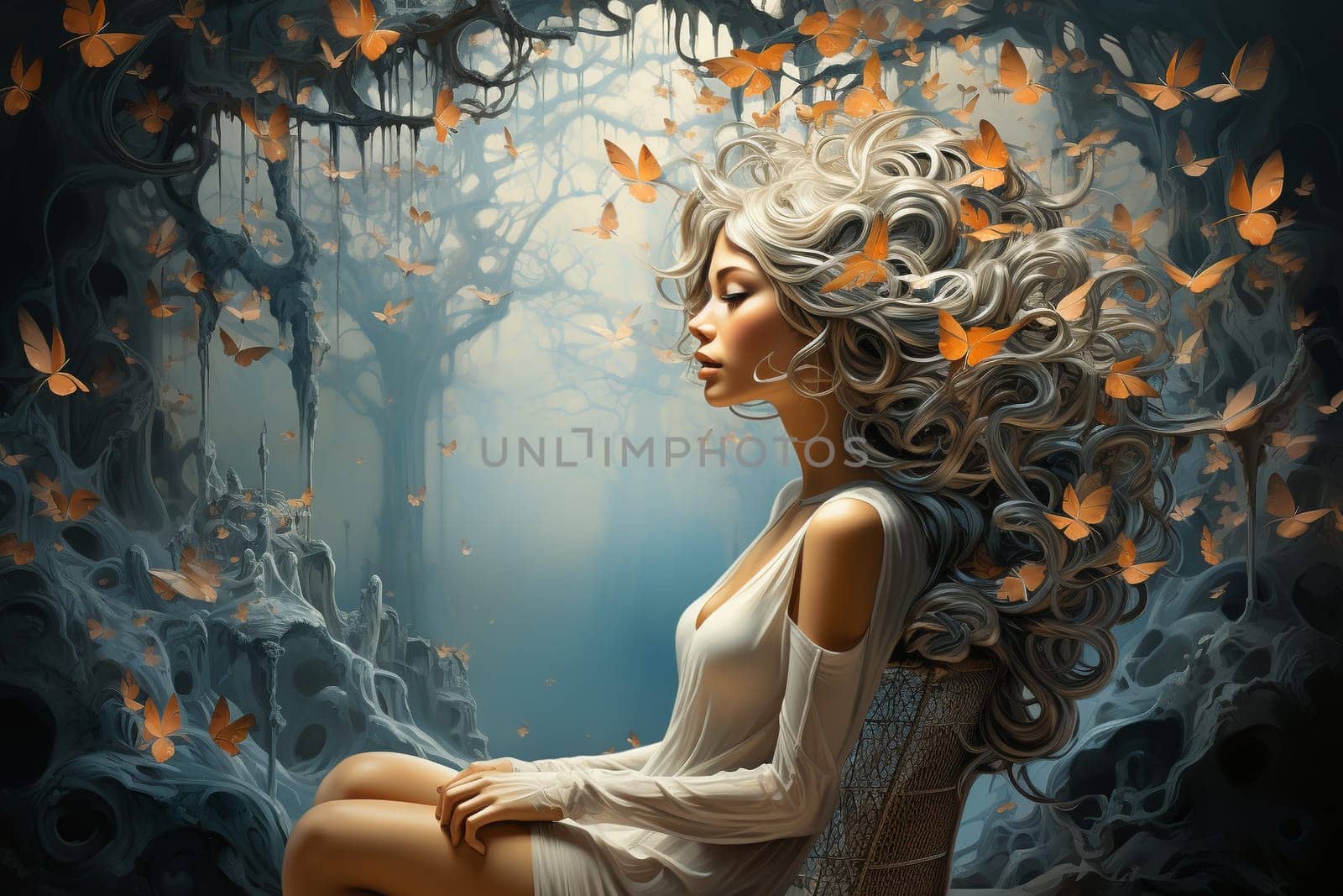 Human mind of a woman with butterflies, self esteem and mental health concept, positive thinking, creative brain, generative AI