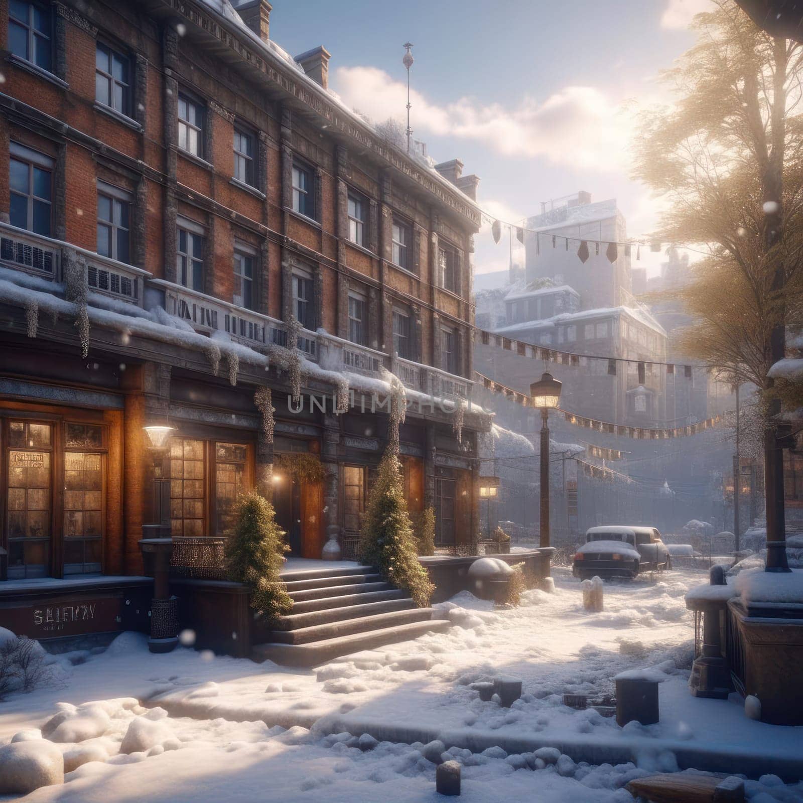 Snow-covered city. Image created by AI