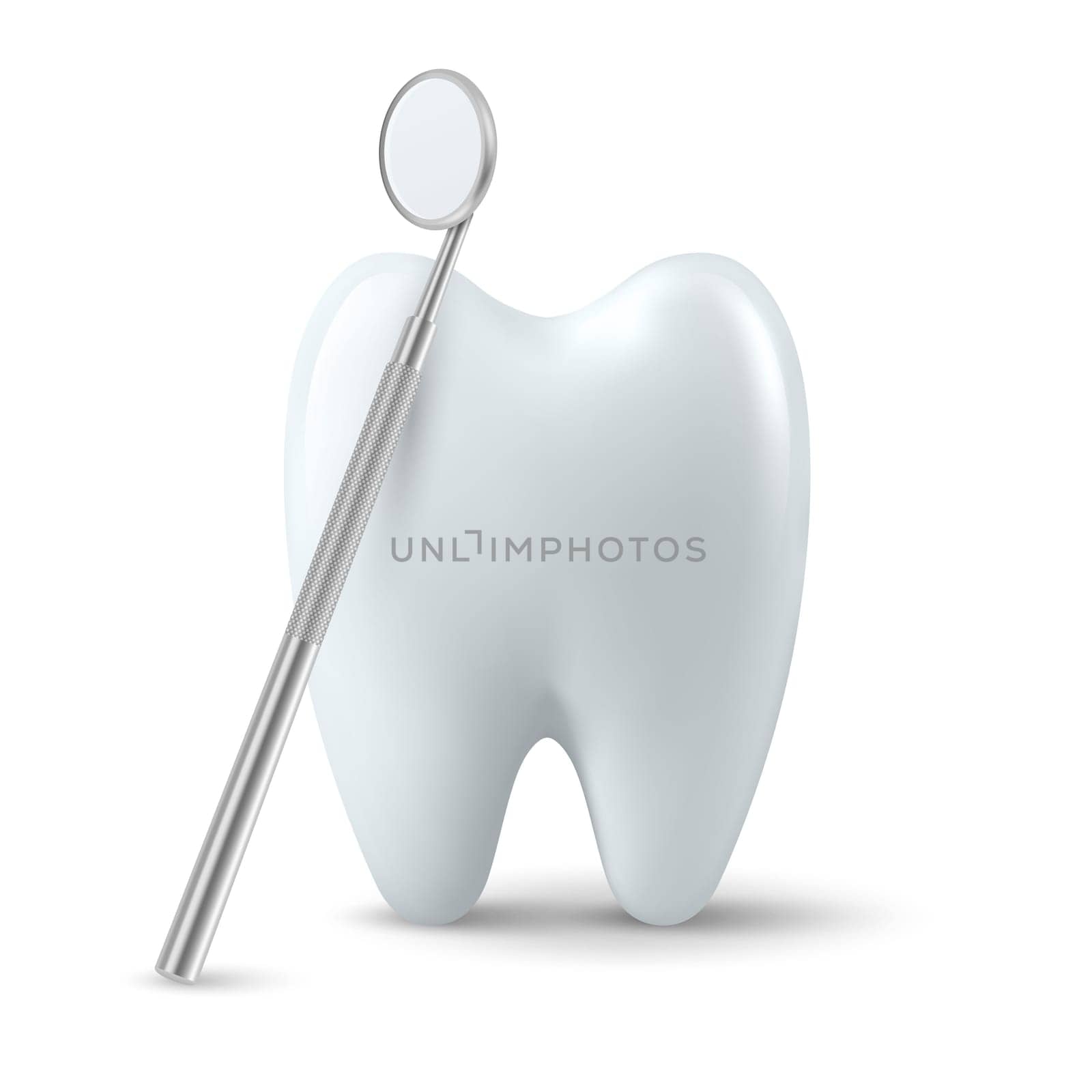 Vector 3d Realistic Dental Inspection Mirror for Teeth with Tooth Icon Closeup Isolated on White Background. Medical Dentist Tool. Design Template, Clipart. Dental Health Concept.