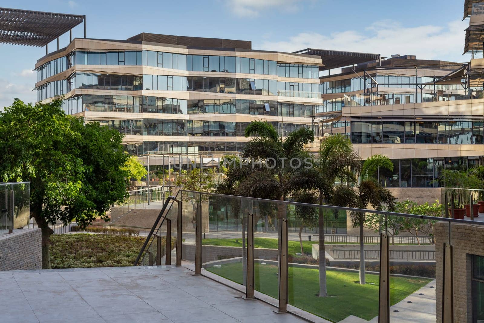 Contemporary urban city district with well run glass building and verdant lawn and trees before sunset
