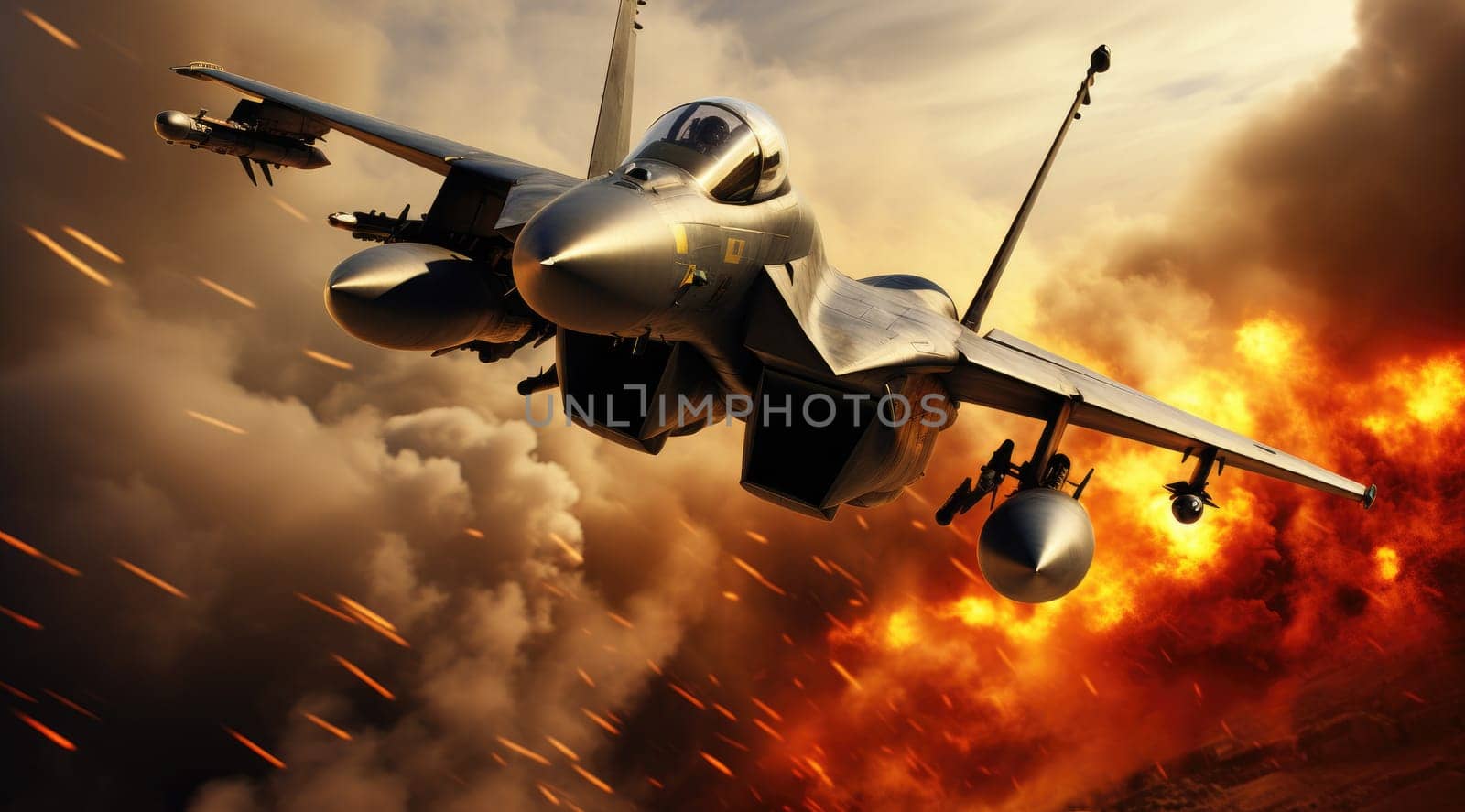 Flying military fighter jet in combat. Generative AI