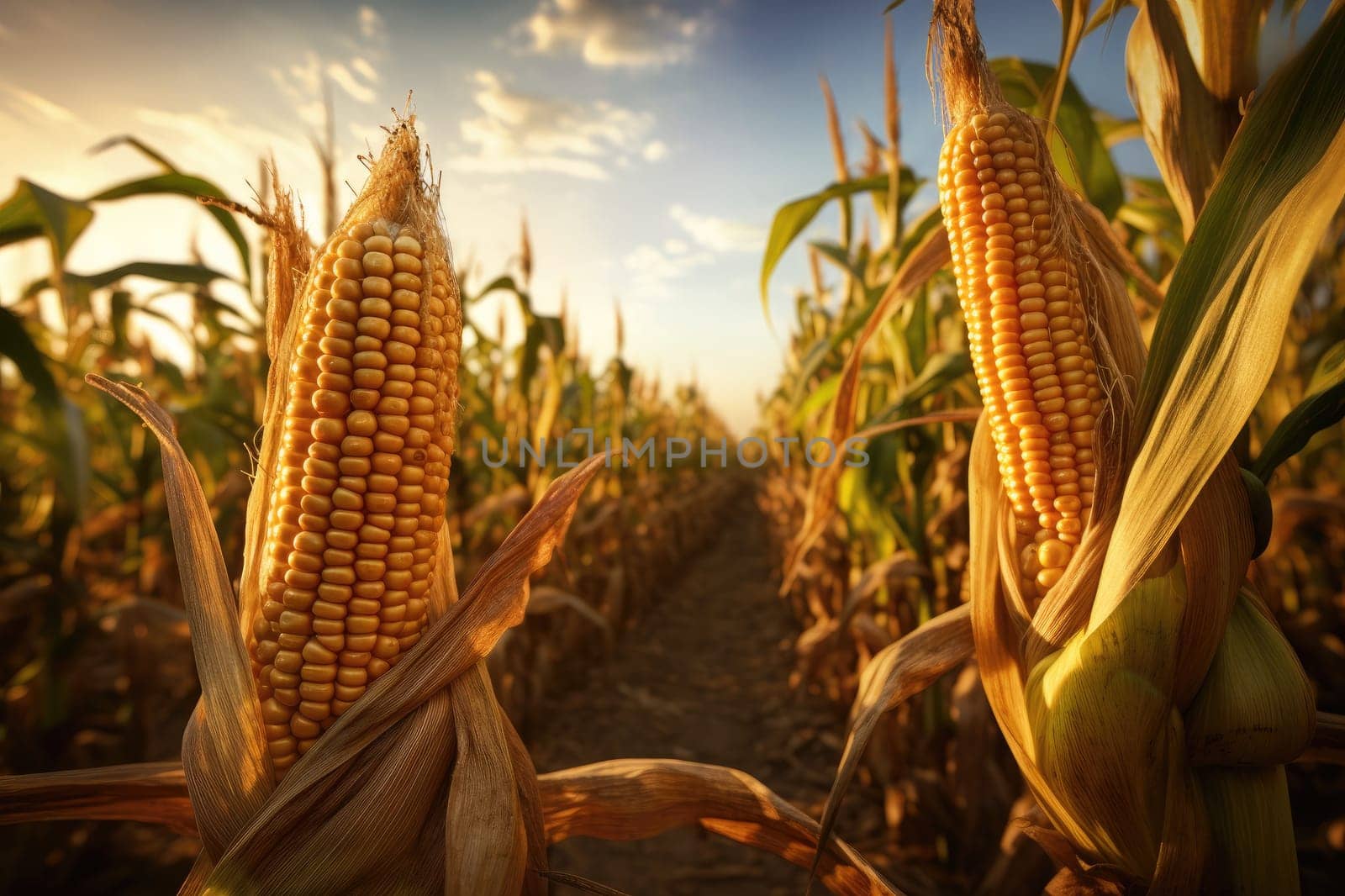 Corn cobs in agriculture field. Generative AI