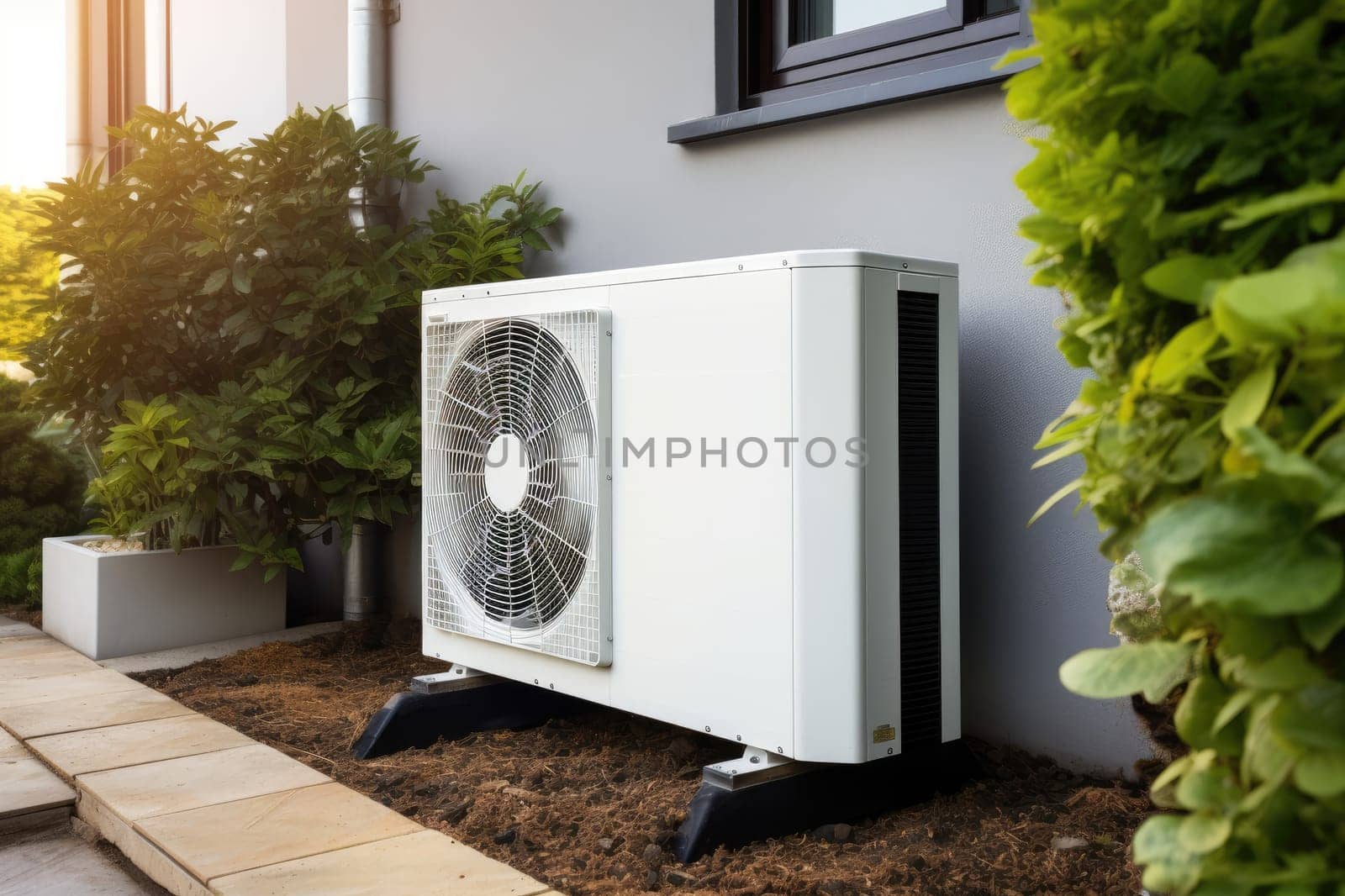 Air source heat pump installed in residential building. Generative AI