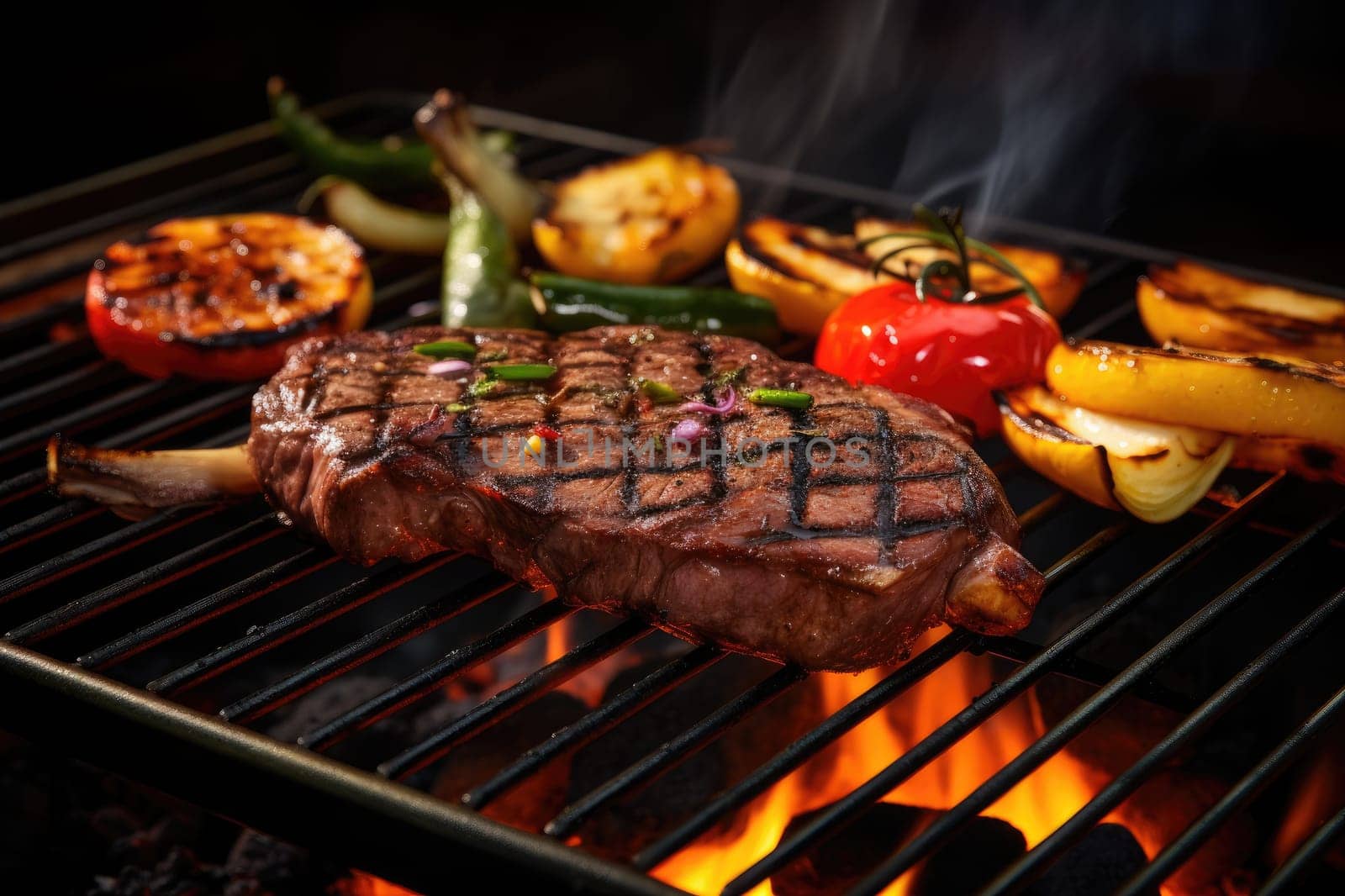 Grilled meat steak with vegetables. Generative AI