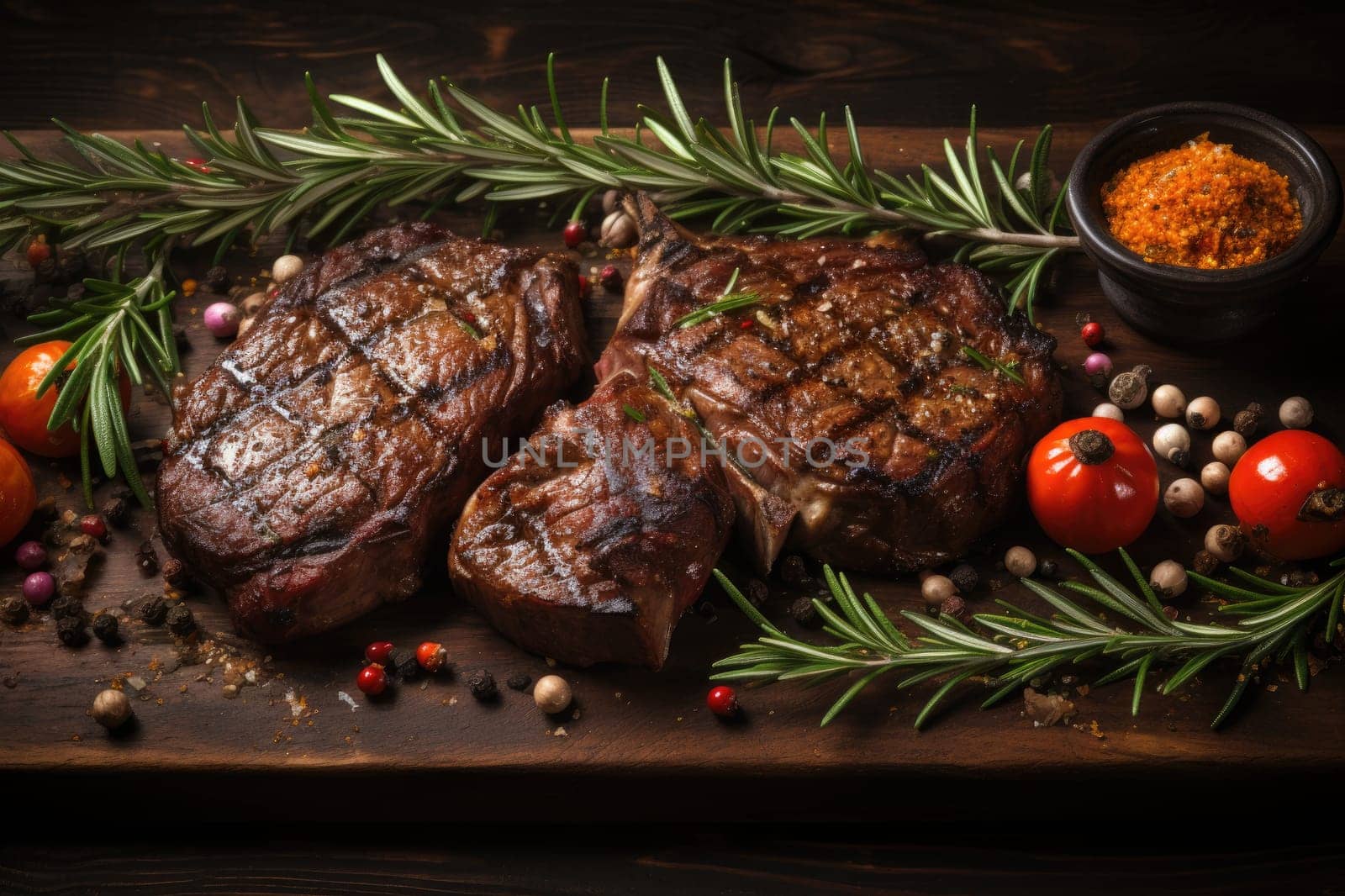 Grilled meat barbecue steak on wooden cutting board with rosemary and copy space. Generative AI