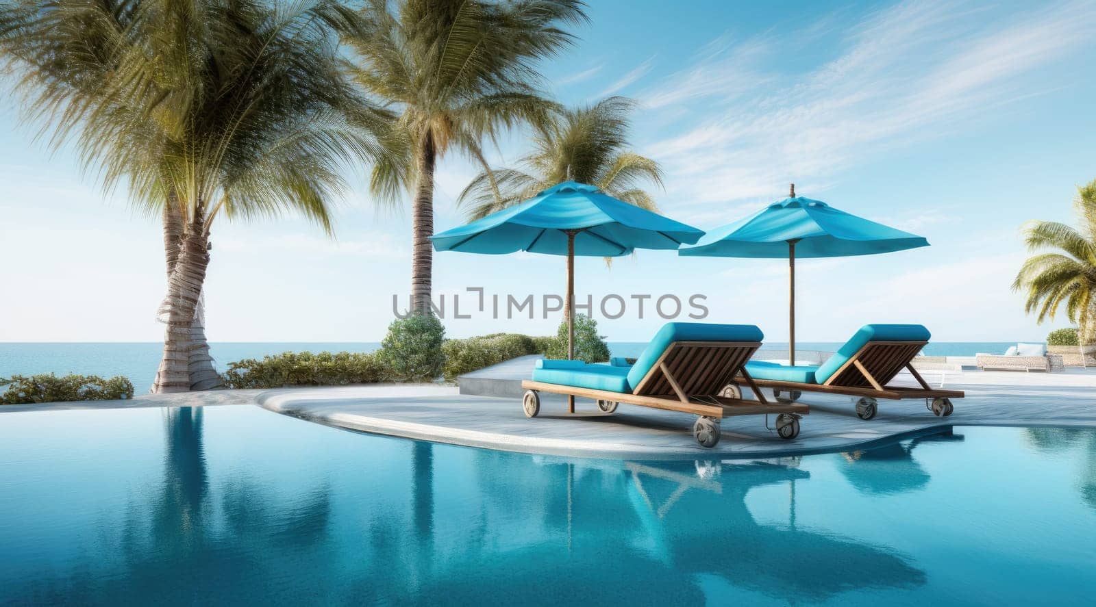 Luxurious swimming pool and loungers umbrellas near beach and sea with palm trees. Generative AI