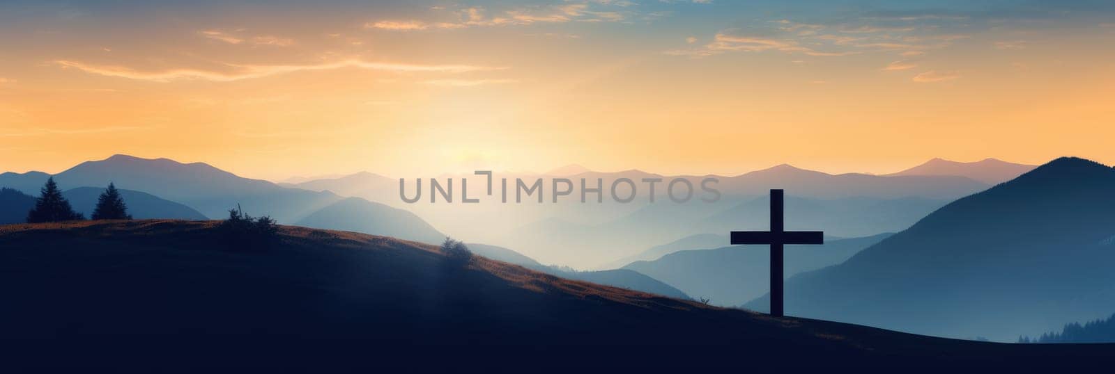 Silhouette of a cross on a hill in a mountain landscape at sunset. Generative AI