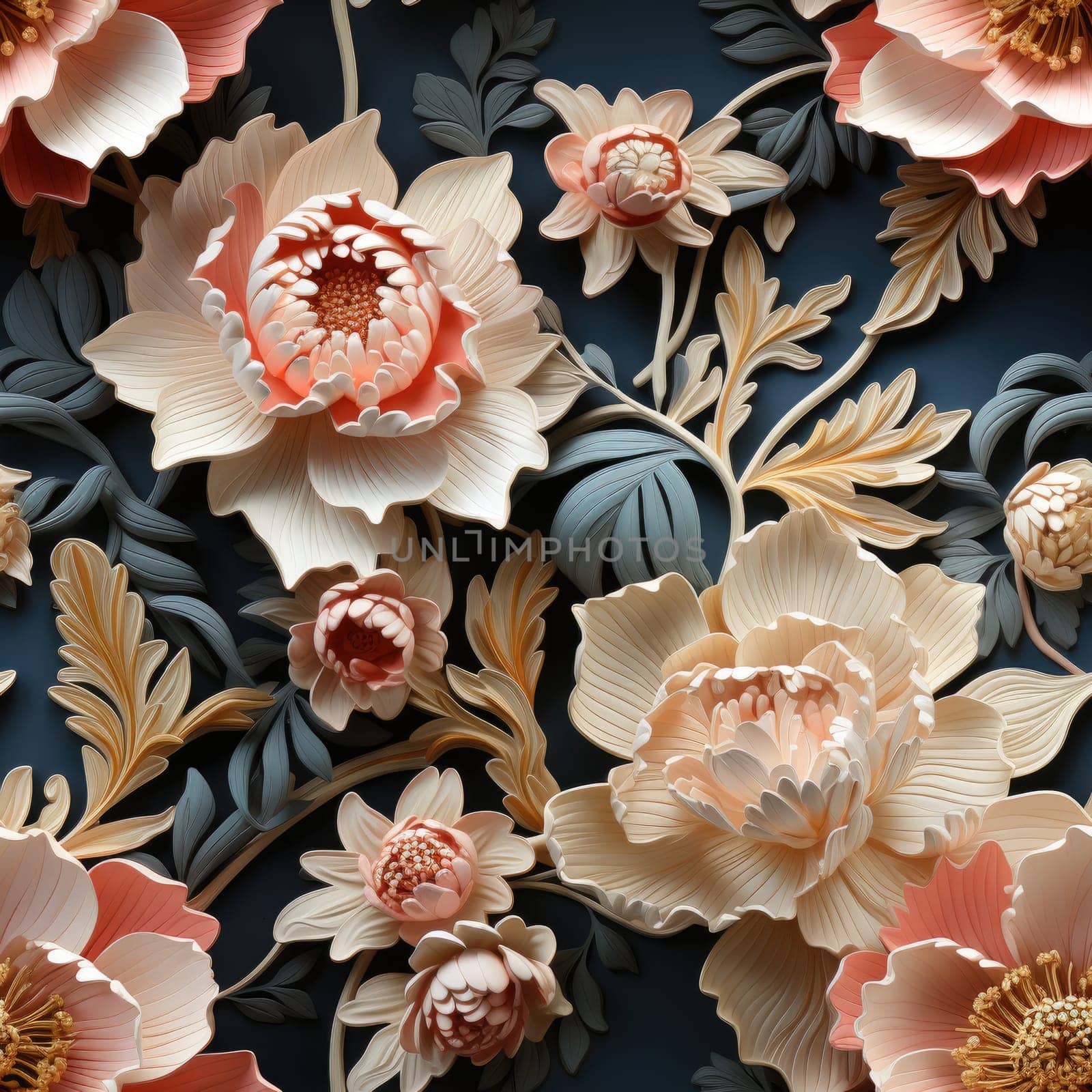 Seamless pattern with flowers and leaves. Floral pattern. Generative AI