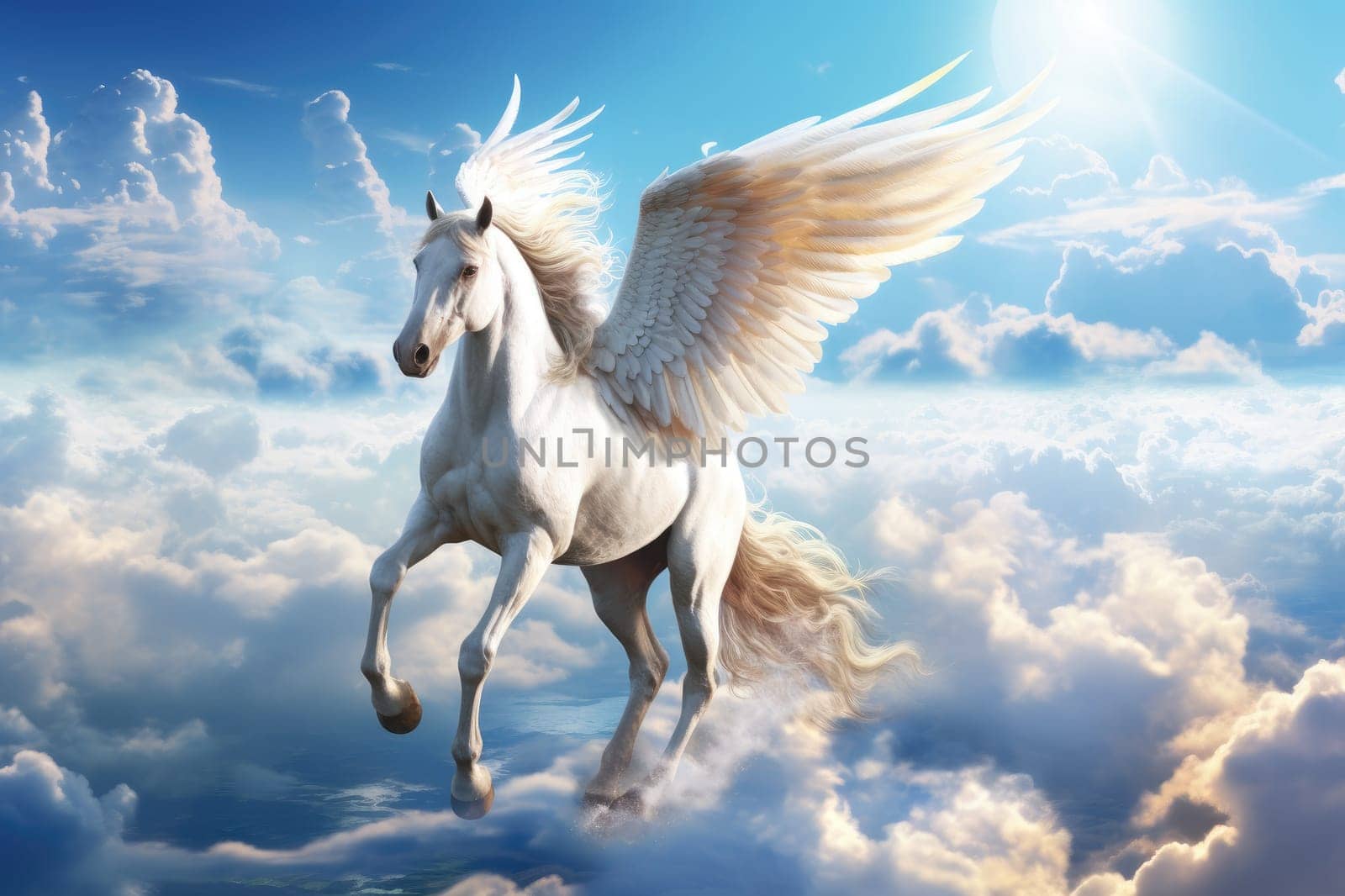 Majestic white Pegasus horse flying high above the clouds. Generative AI