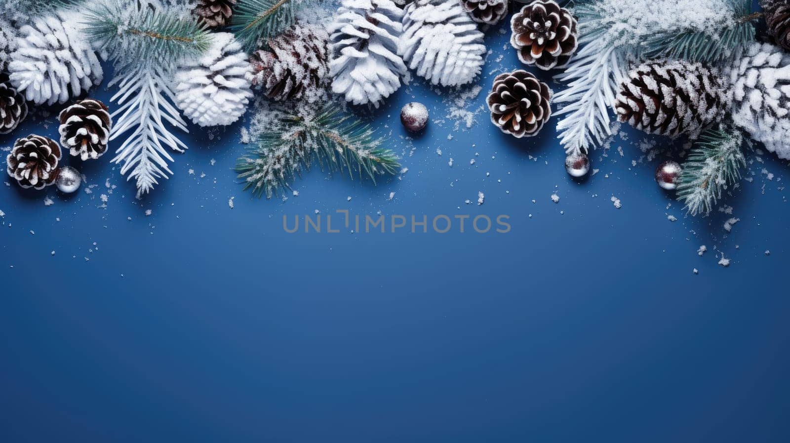Christmas decoration with pine cones. Christmas background with space for text. Generative AI