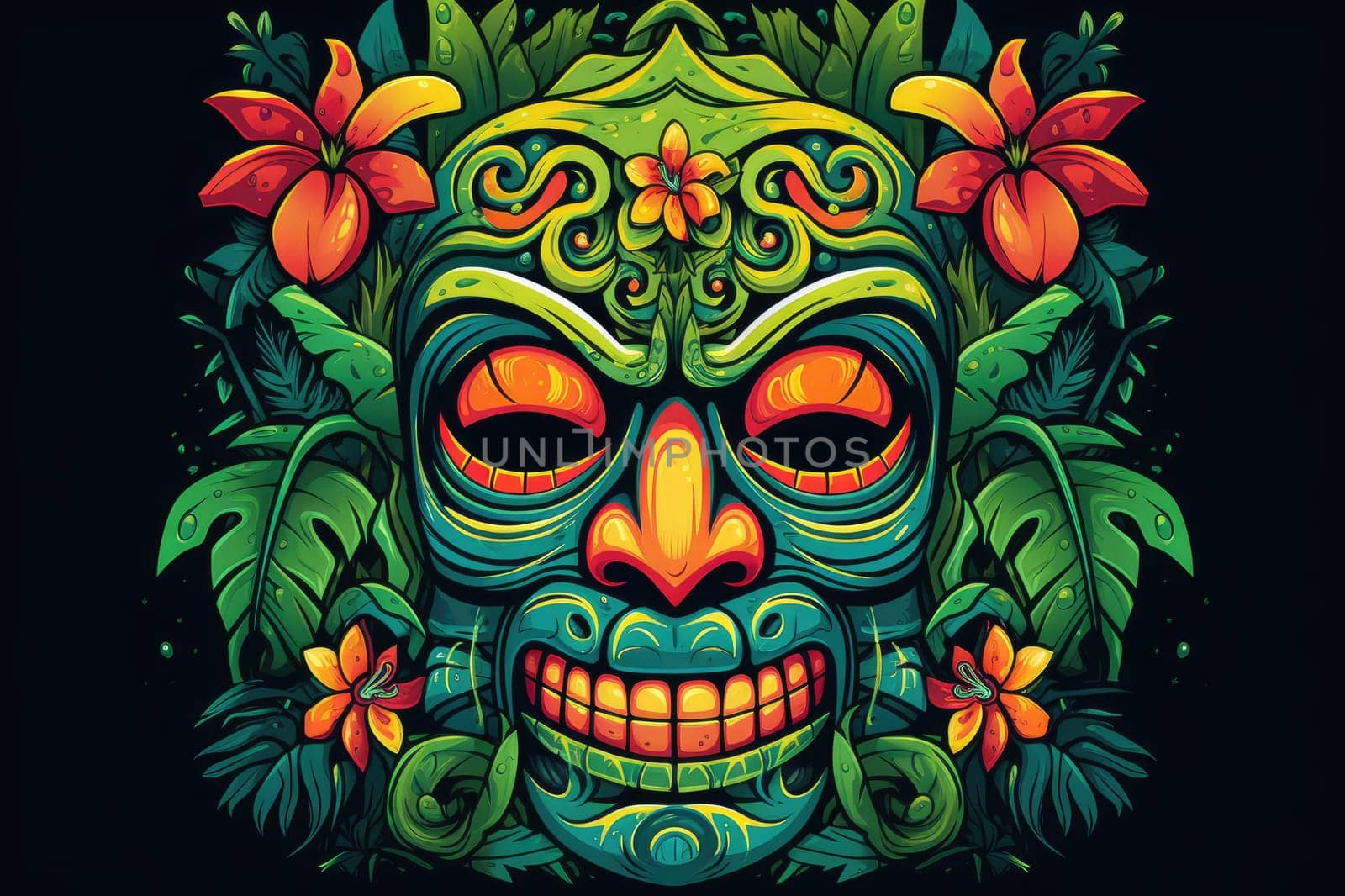 Illustration of a tropical Tiki mask. Symbol of a wild tribe in the jungle. Generative AI