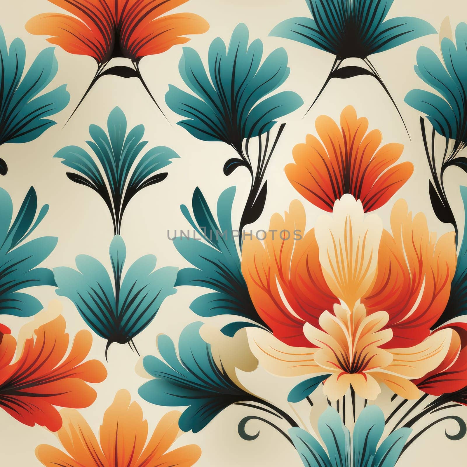 Retro flower seamless pattern wallpaper on the wall. Generative AI