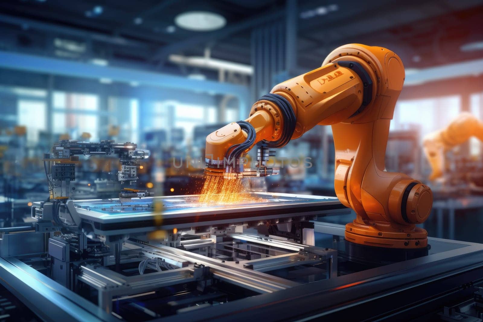 Robotic arm for electronic assembly line. Smart modern factory automation using advanced machines. Generative AI