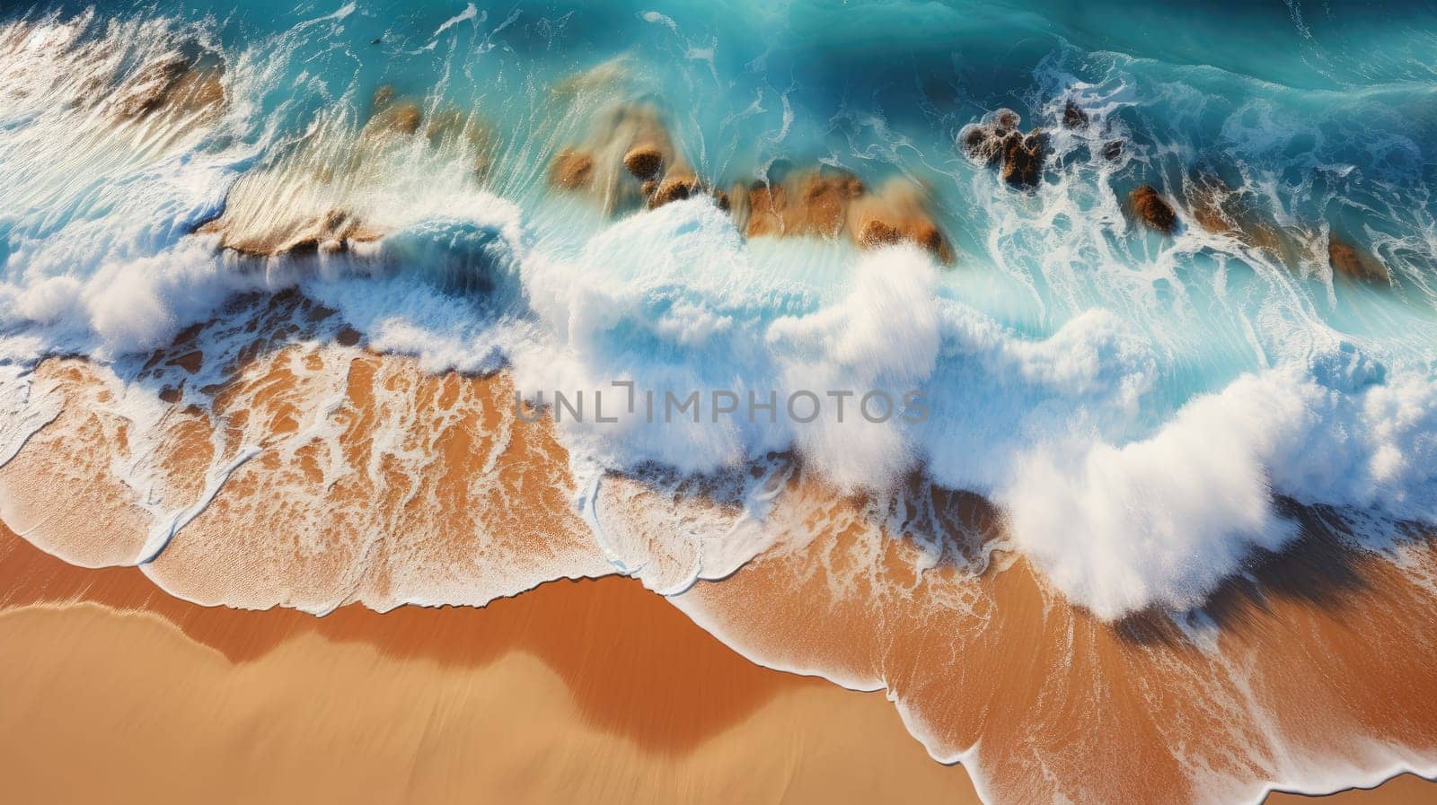 Top view of ocean waves on sandy beach landscape. Beautiful seascape background. Generative AI