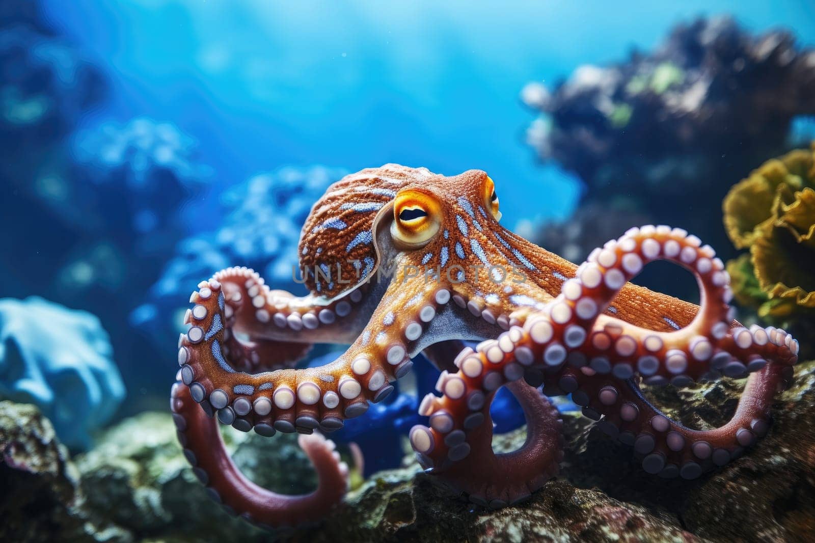 Octopus and coral reef in the sea. Generative AI