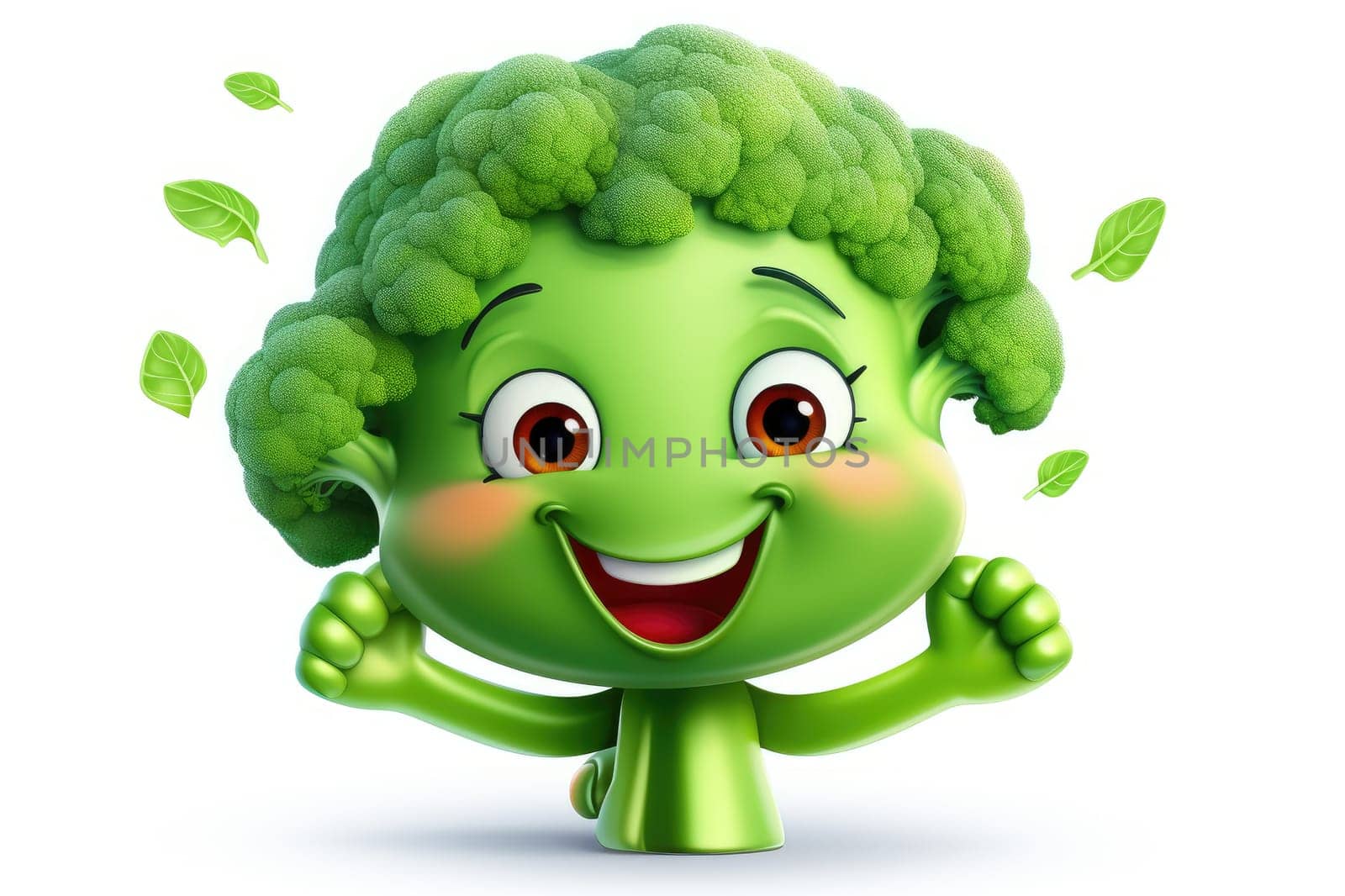 Cartoon broccoli with happy faces on a white background. Generative AI