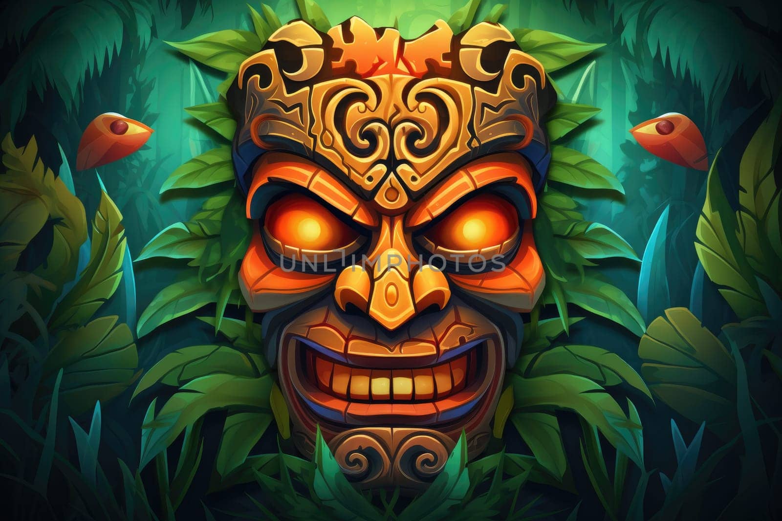 Illustration of a tropical Tiki mask. Symbol of a wild tribe in the jungle. Generative AI