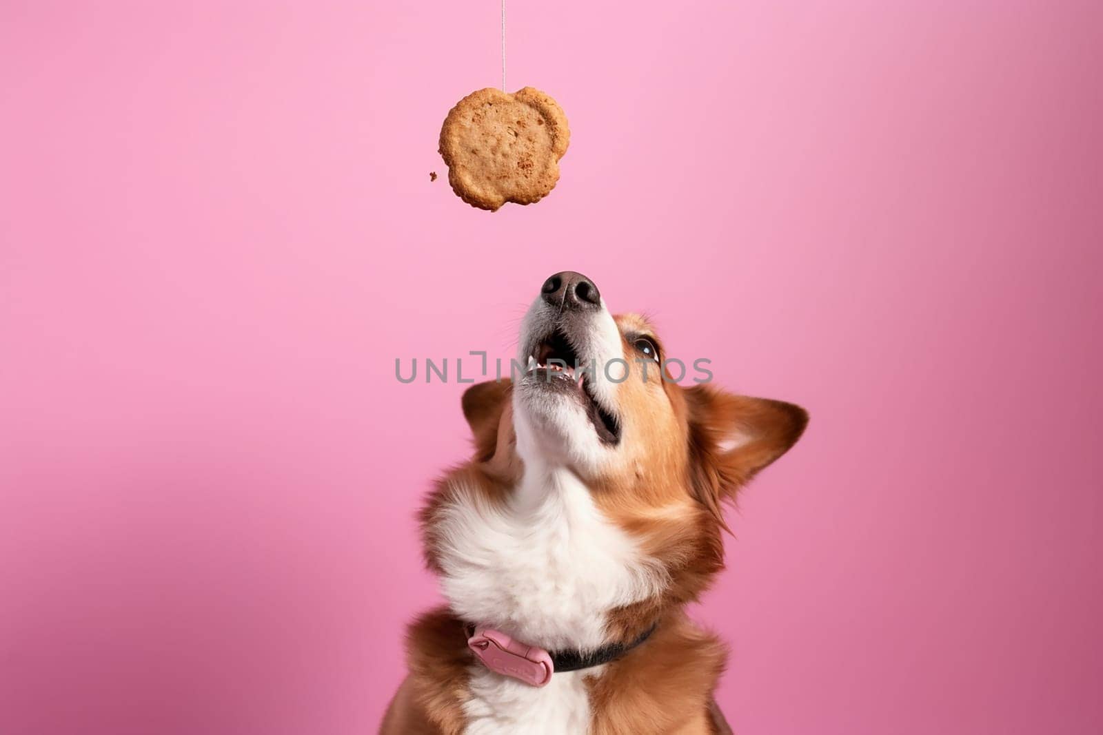A sitting dog and a cookie on a string above its muzzle in the air on a pink background, front view