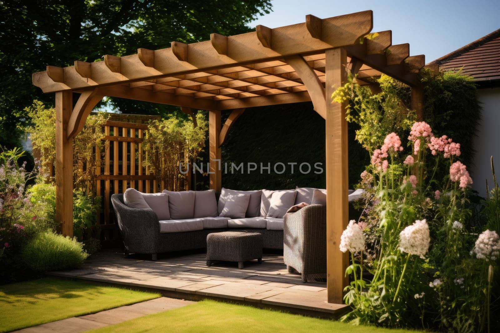 Wooden pergola for garden seating. Generative AI