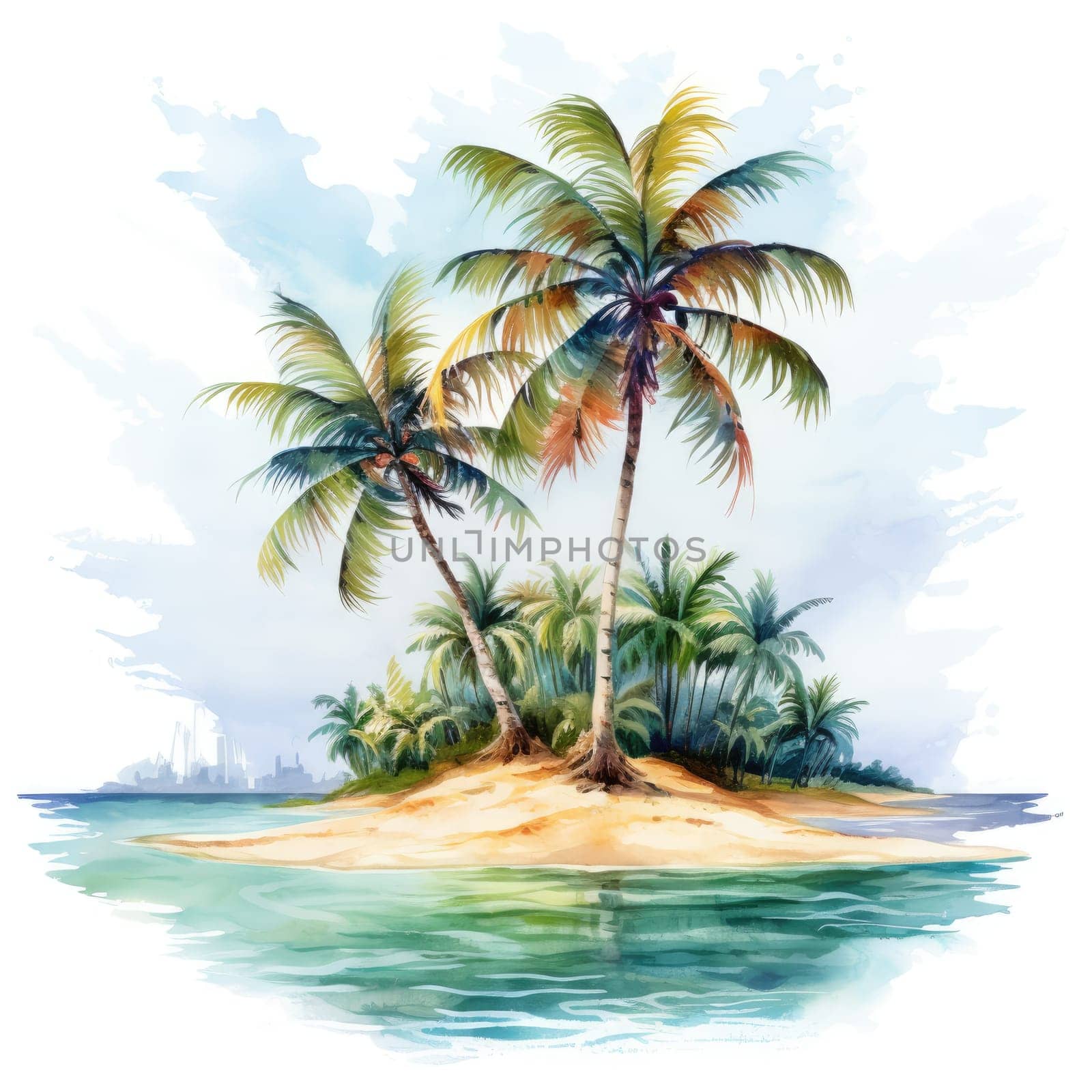 Watercolor painting of palm trees, palm tree on the beach with sea. Generative AI