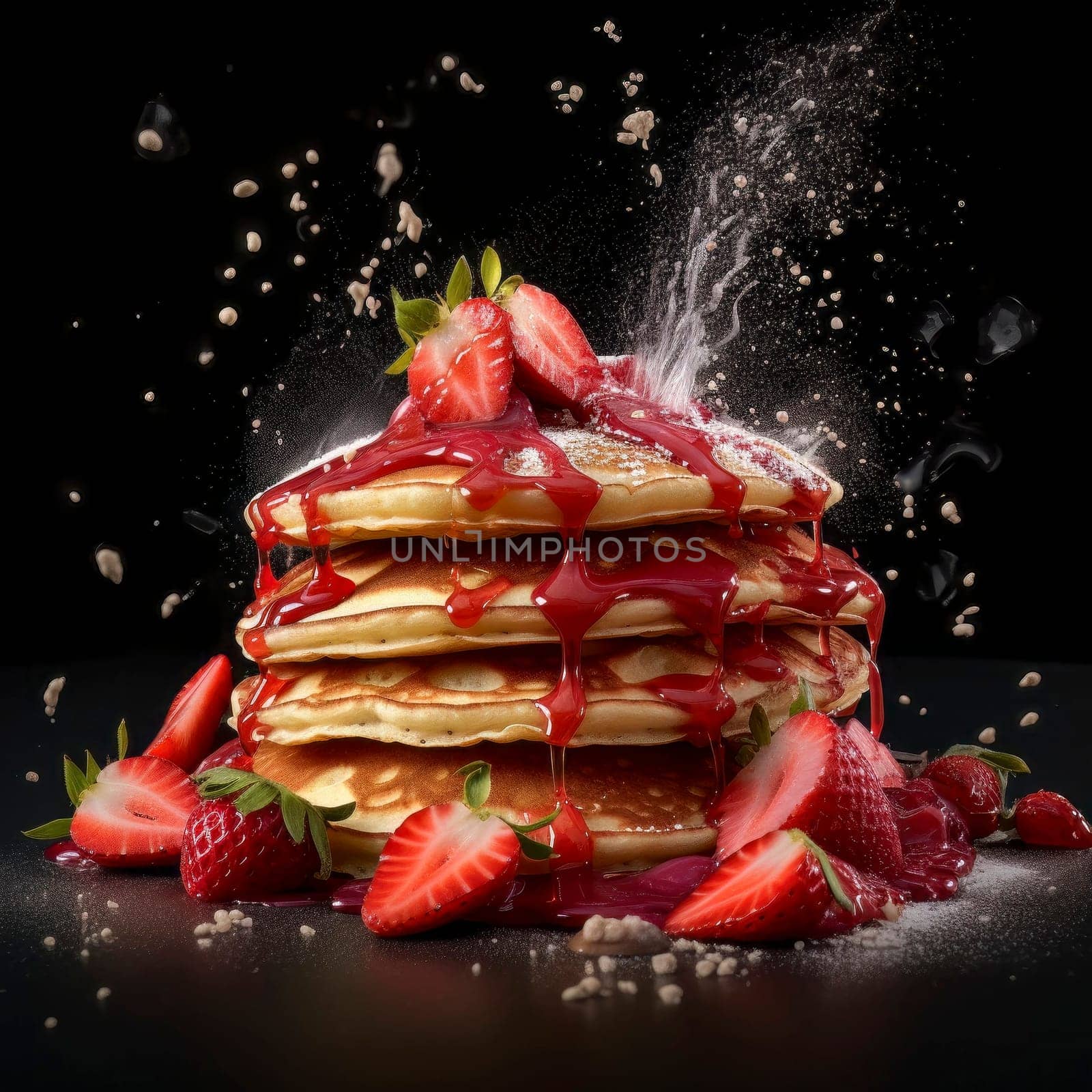 Commercial photograph of a powerful explosion of pancakes topped with strawberries.