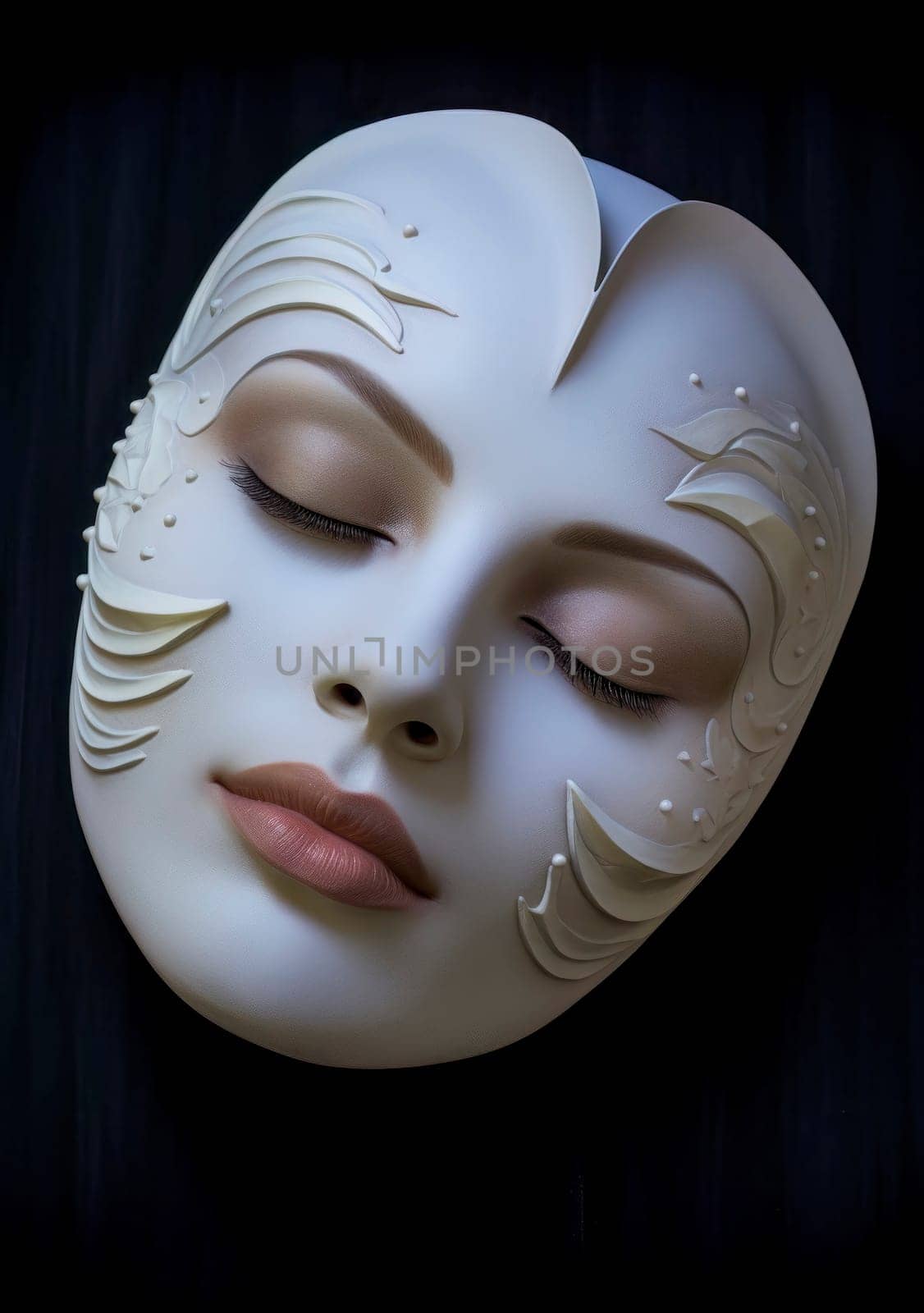 An imaginative shot of a woman wearing a dream mask, symbolizing imagination and subconscious thoughts.