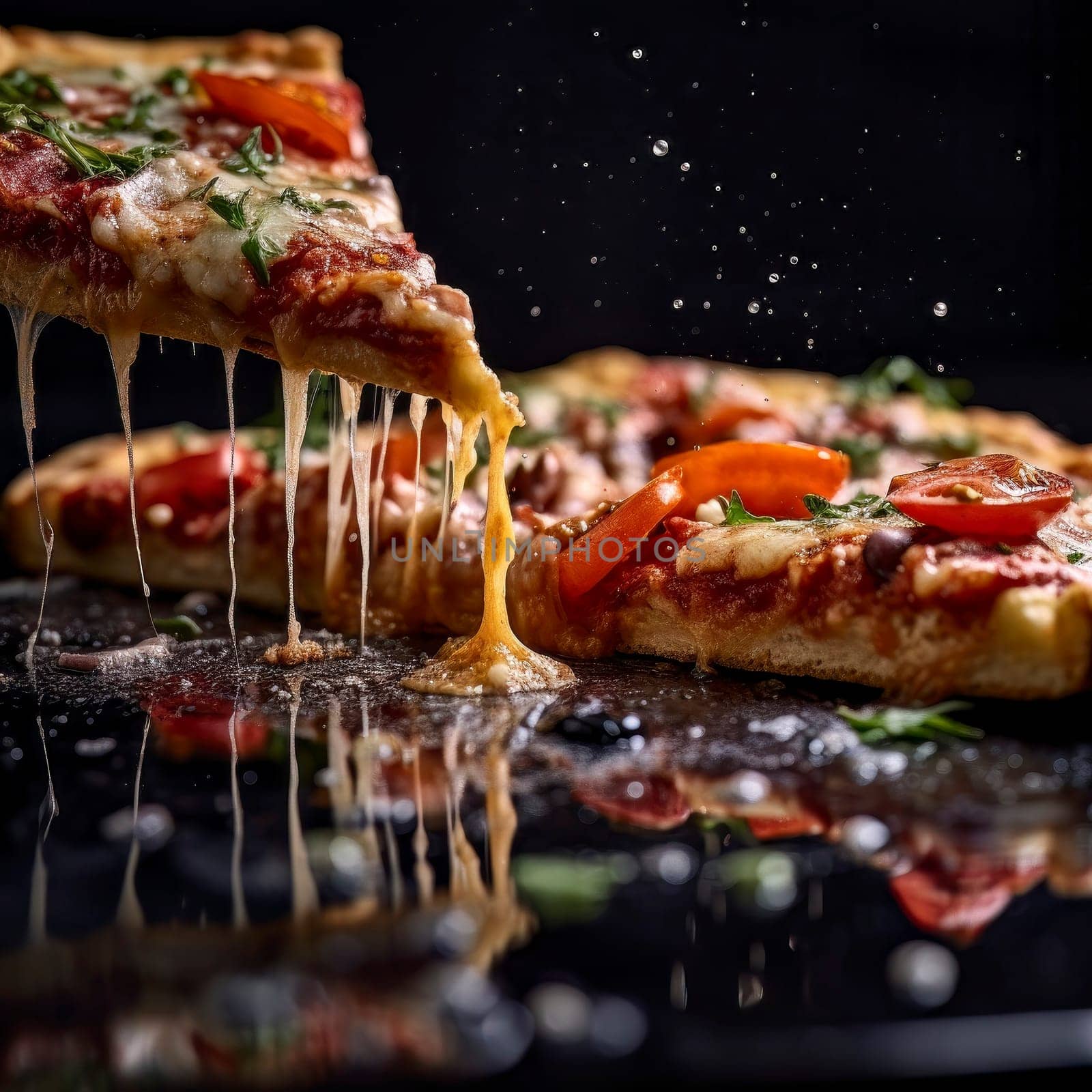 A tantalizing shot of a mouth-watering pizza, showcasing the melty cheese and array of toppings.