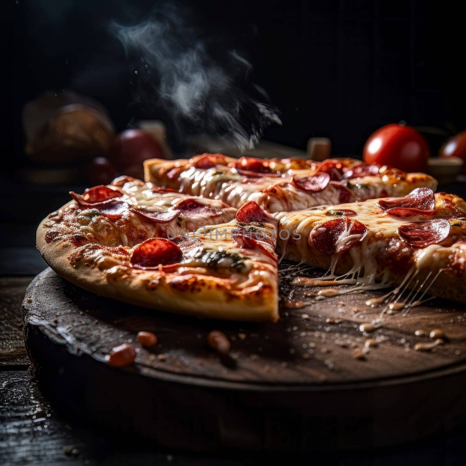 A tantalizing shot of a mouth-watering pizza, showcasing the melty cheese and array of toppings.