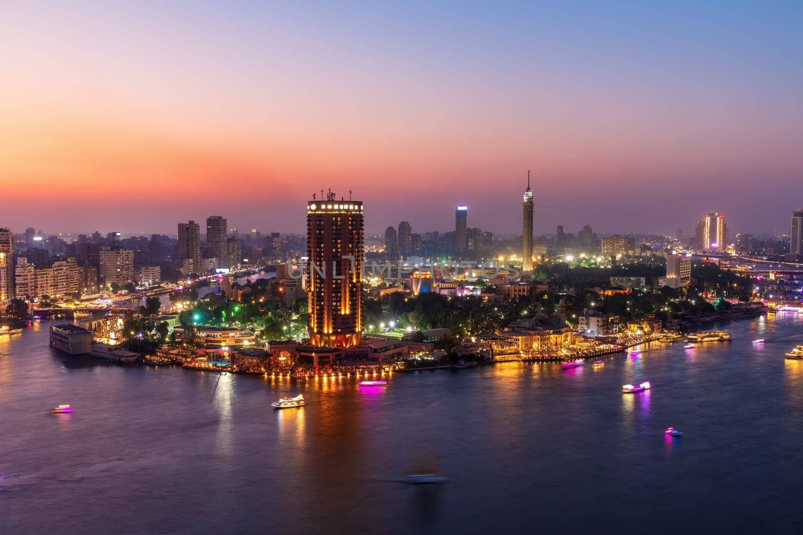 Cairo downtown, view of the Nile and the skyscrappers at night, Egypt.