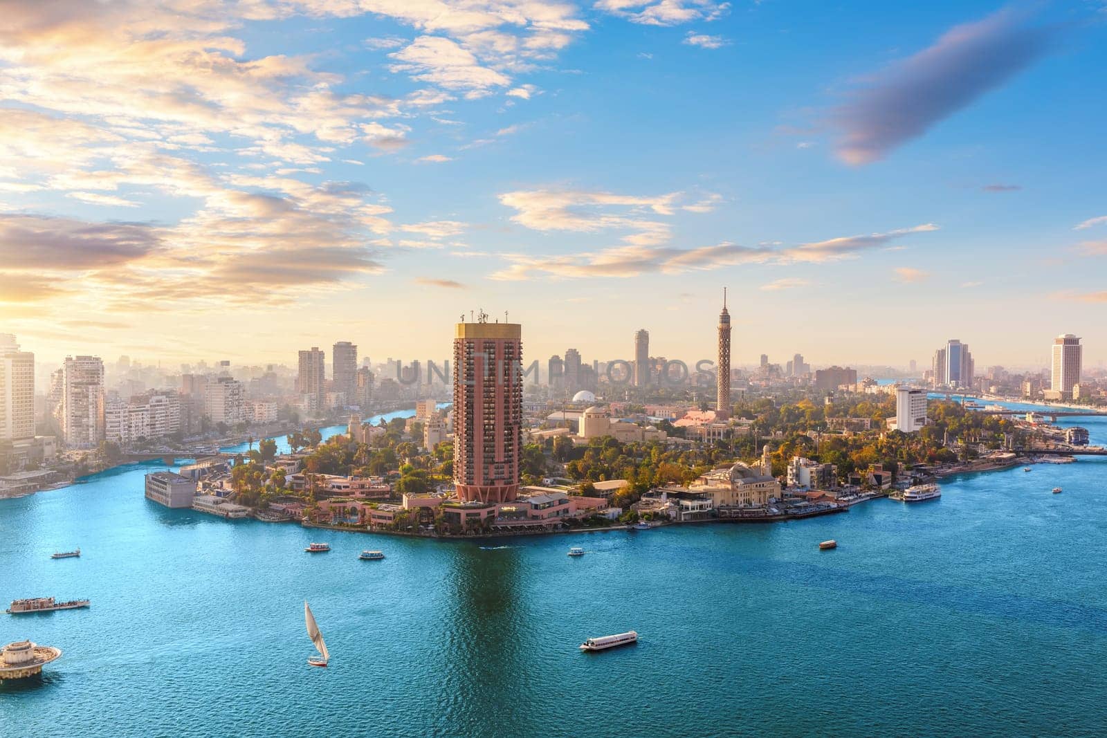 View on the Nile and Gezira Island of Cairo, panorama from above, Egypt.