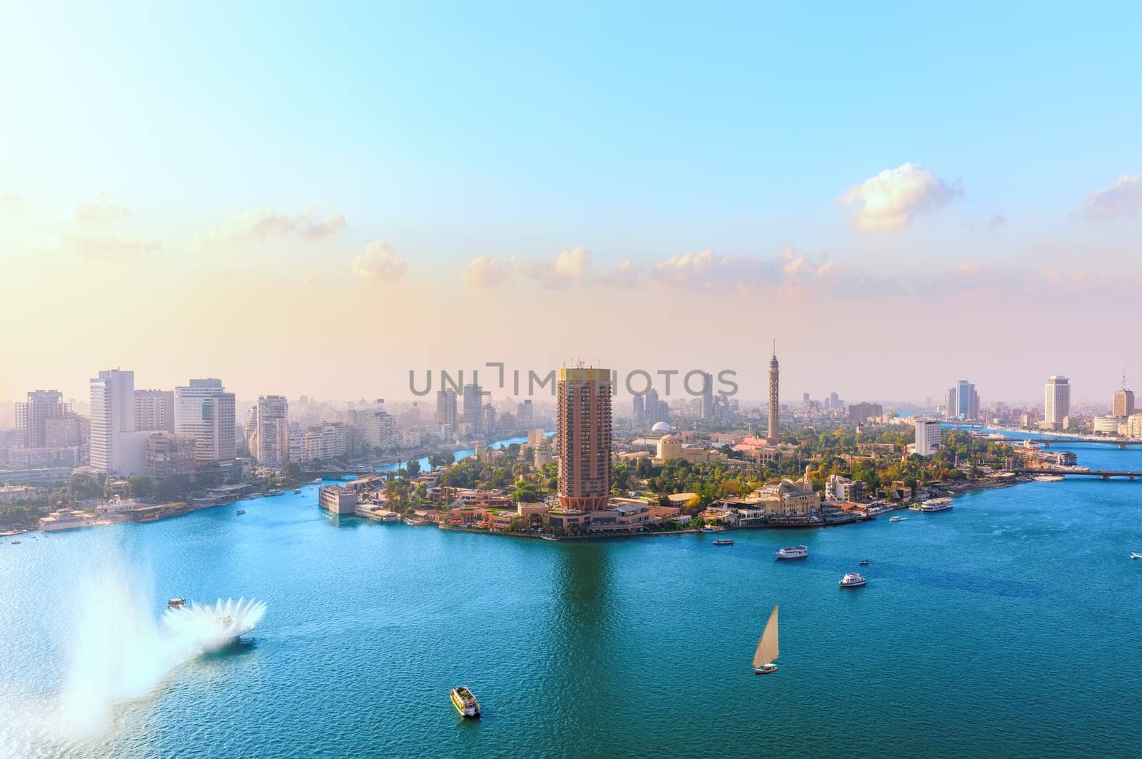 Cairo downtown panorama, view on the Nile, Gezira island and bridges, Egypt.