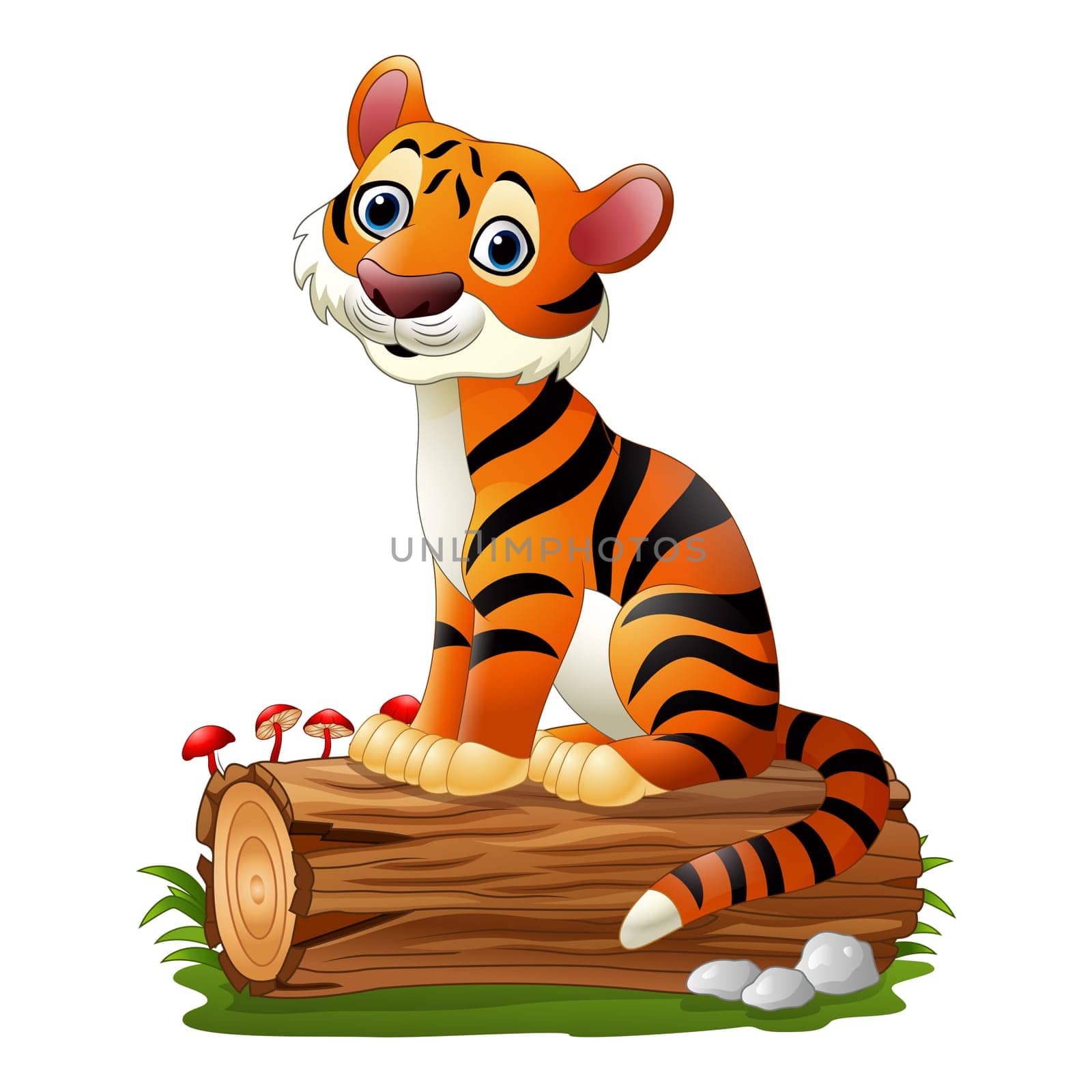 Cartoon tiger sitting on tree log