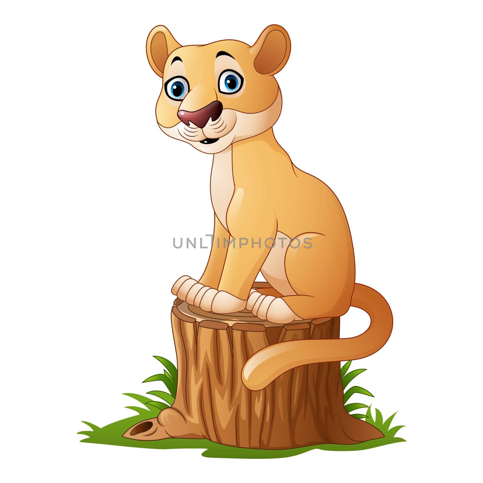 Cartoon feline sitting on tree log
