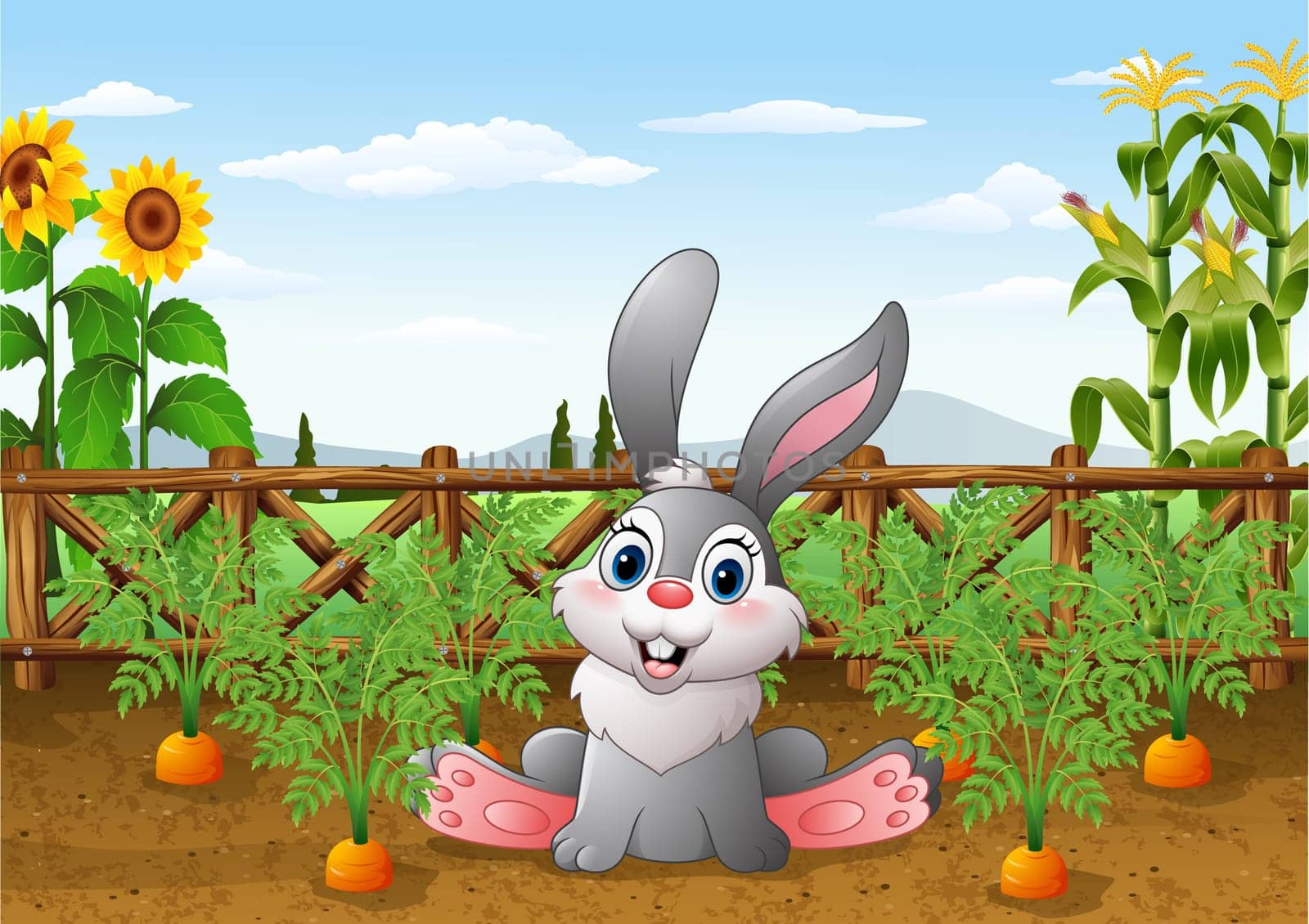 Cartoon rabbit with carrot plant in the garden