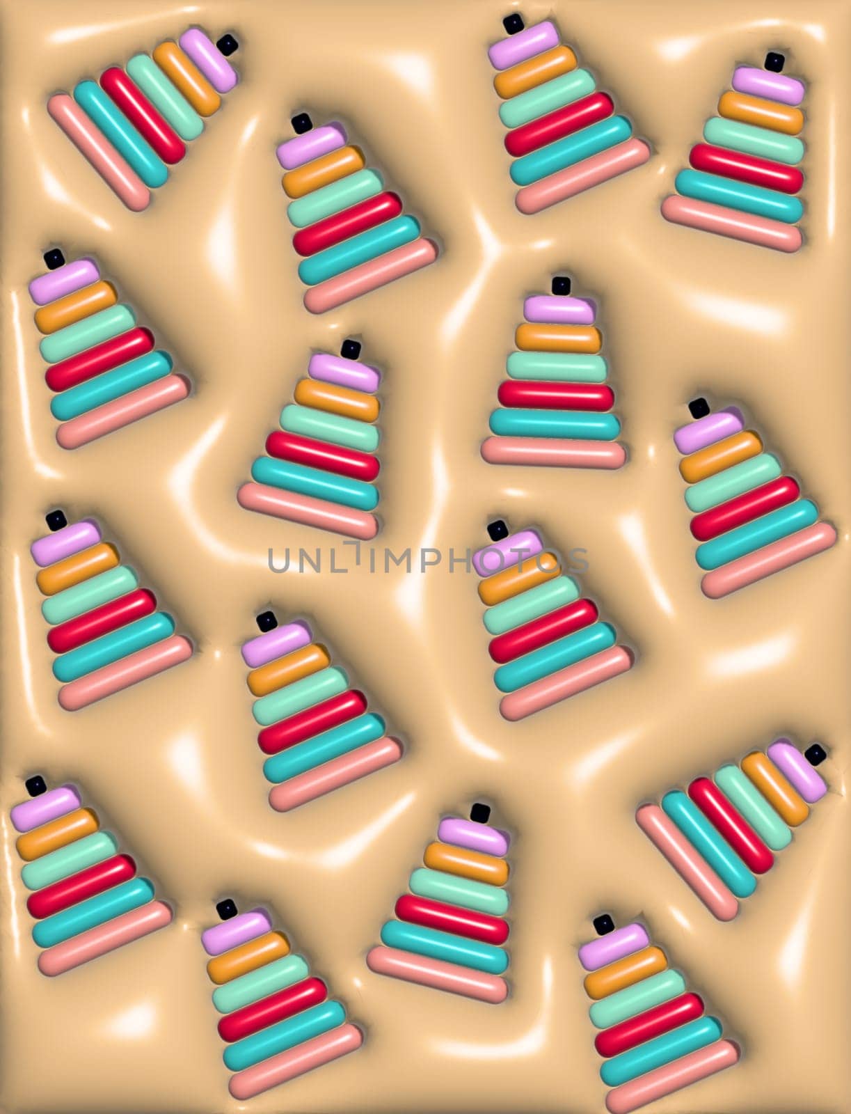 Abstract beige background with children's toy assembly pyramid, 3D rendering illustration